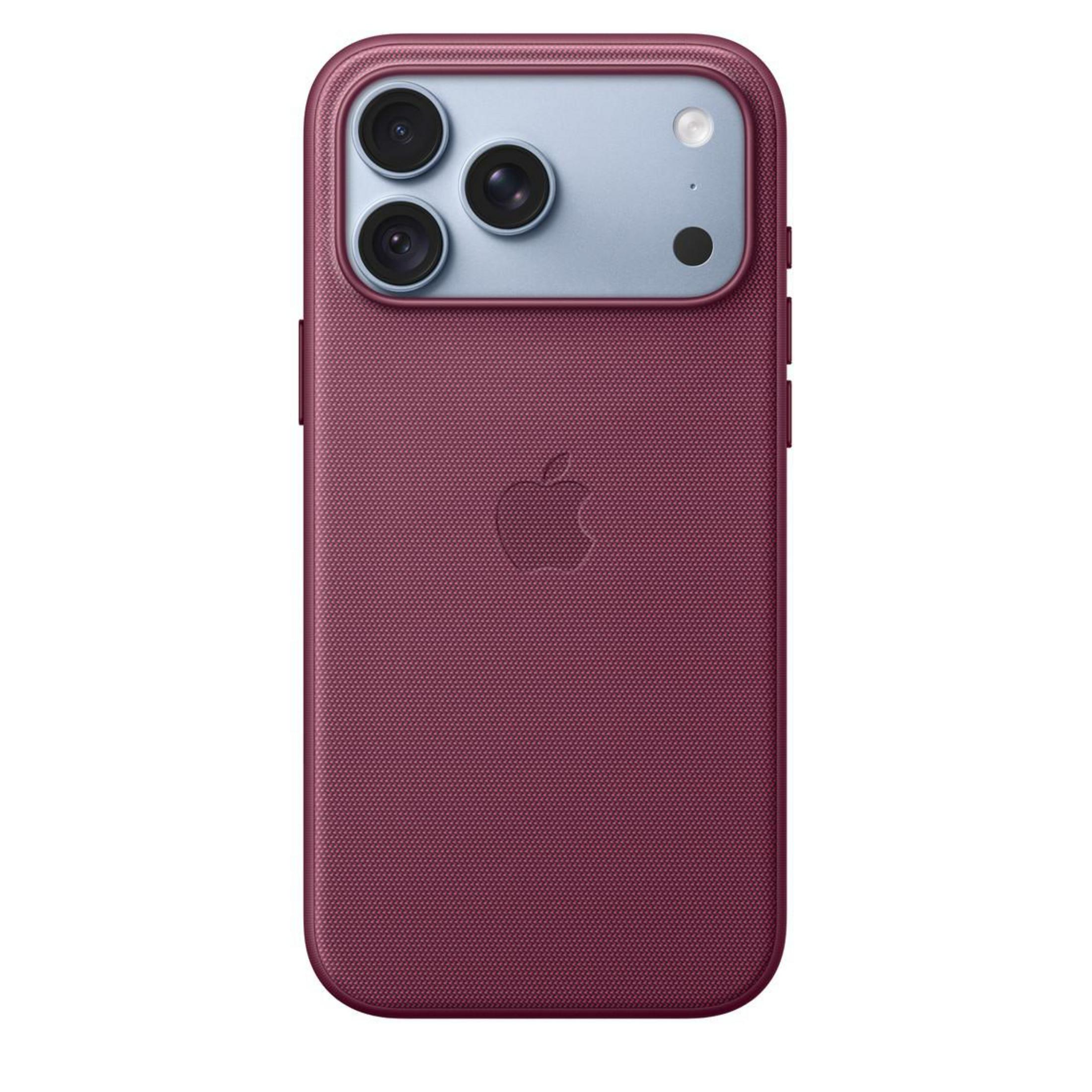 Retro di un iPhone bordeaux con cover testurizzata, isola fotocamera azzurra con tre lenti e logo Apple.