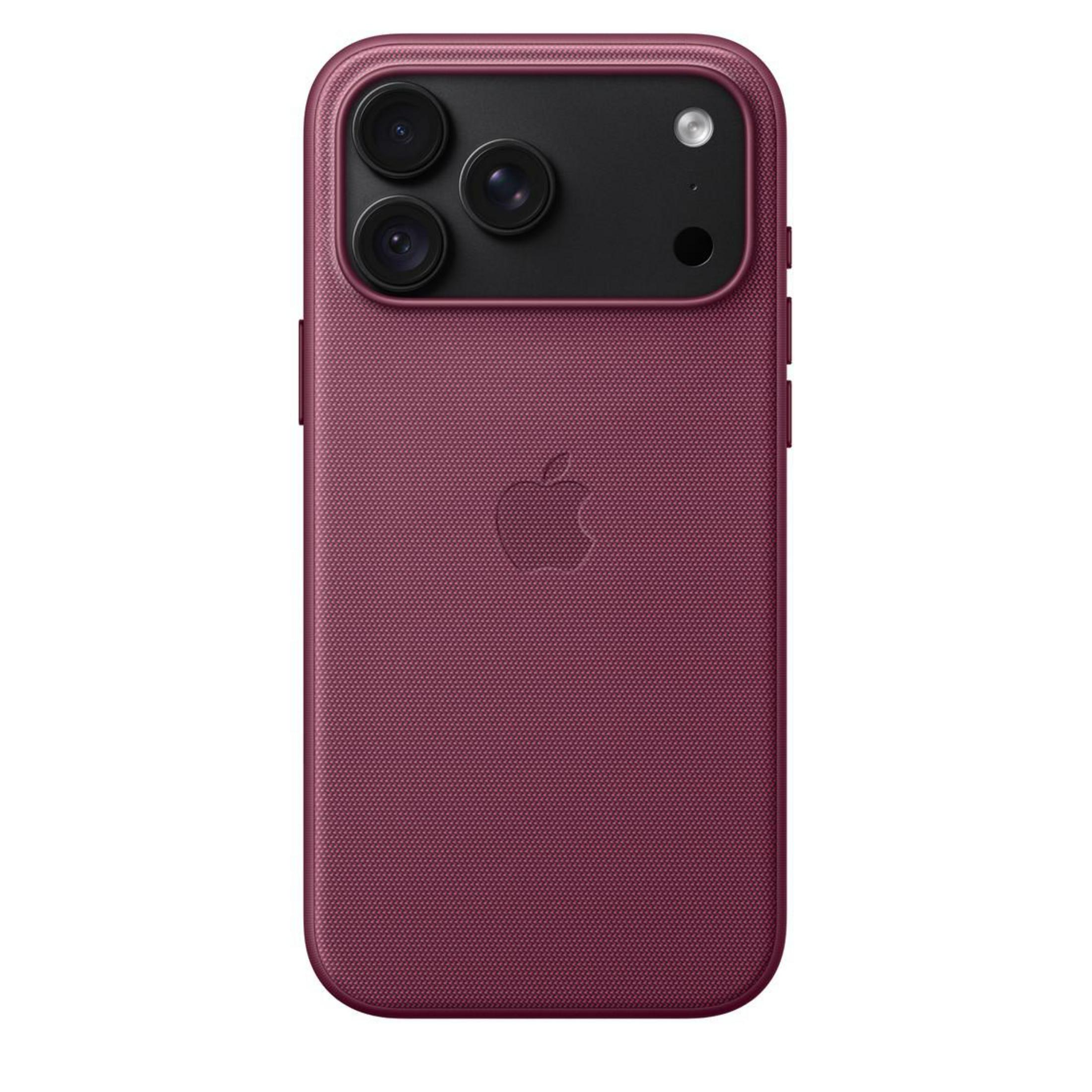 Retro di uno smartphone rosso bacca scuro con motivo in tessuto strutturato, logo Apple e tripla fotocamera.