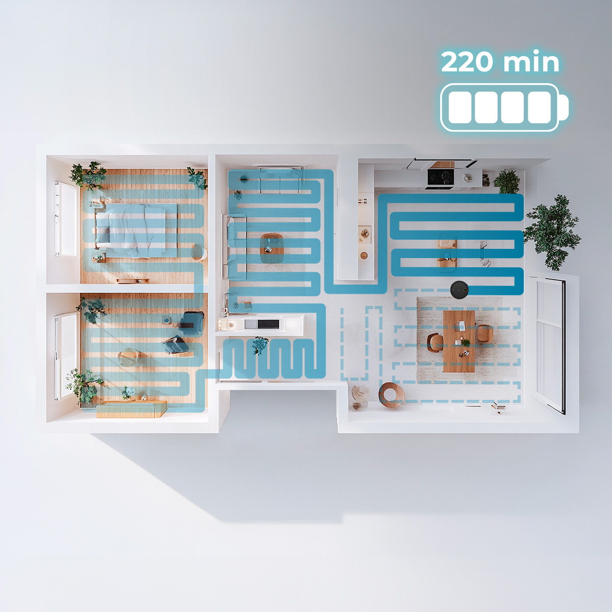 Grundriss eines Hauses mit blauen Reinigungspfaden und einer 220-Minuten-Batterieanzeige oben rechts.