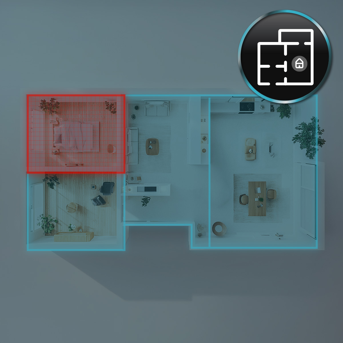 Ein Etagenplan mit einem rot markierten Schlafzimmer oben links und einem Haus-Symbol in einem Kreis.