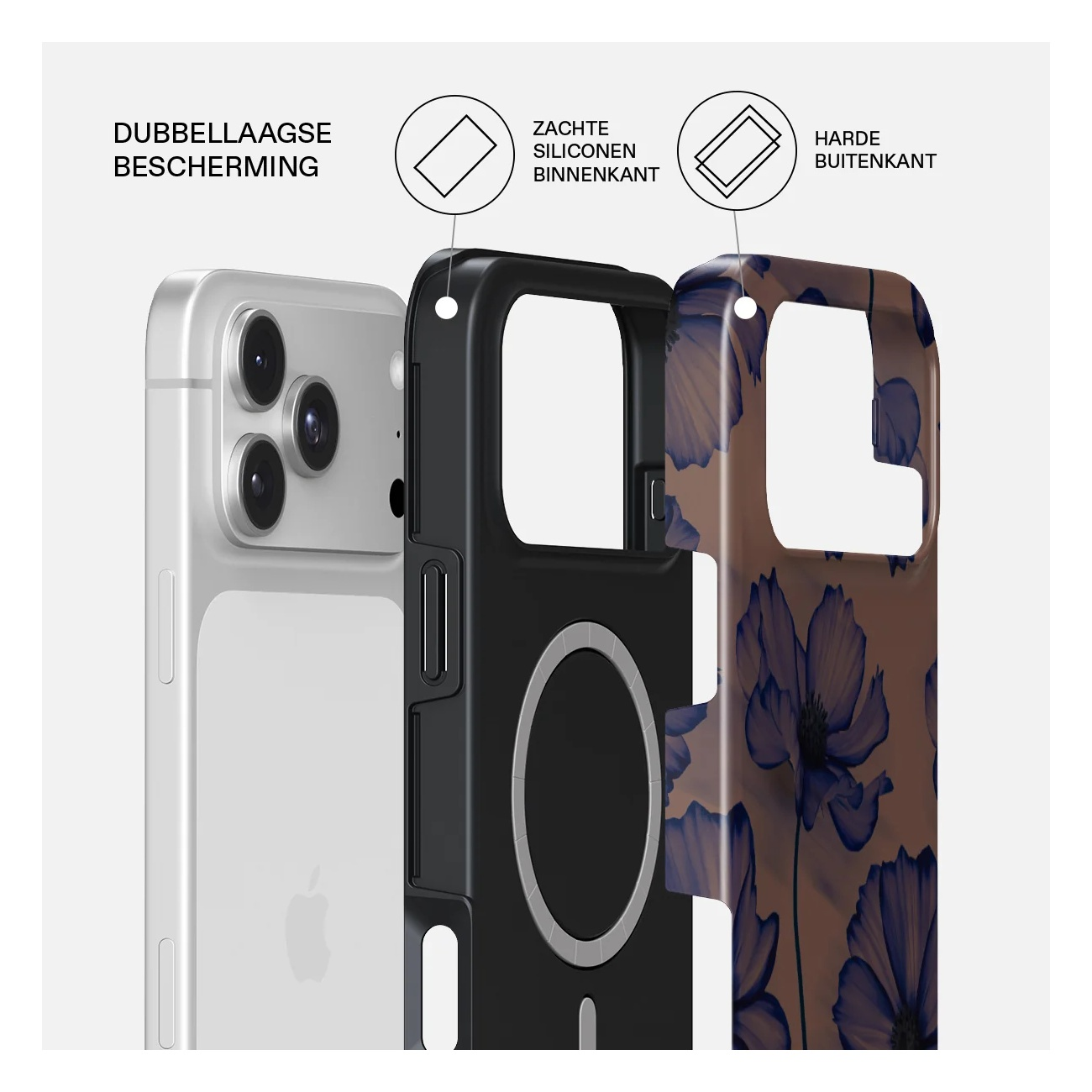 Diagram shows phone case with double-layer protection, soft silicone inside, and hard exterior.