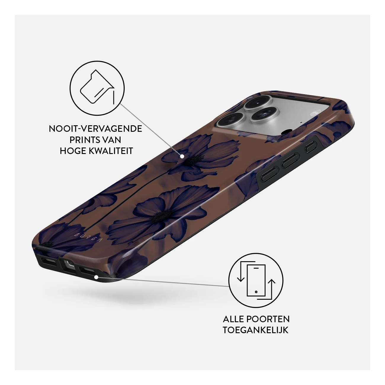 Phone case with dark blue flowers on a brown background, featuring two explanatory icons.