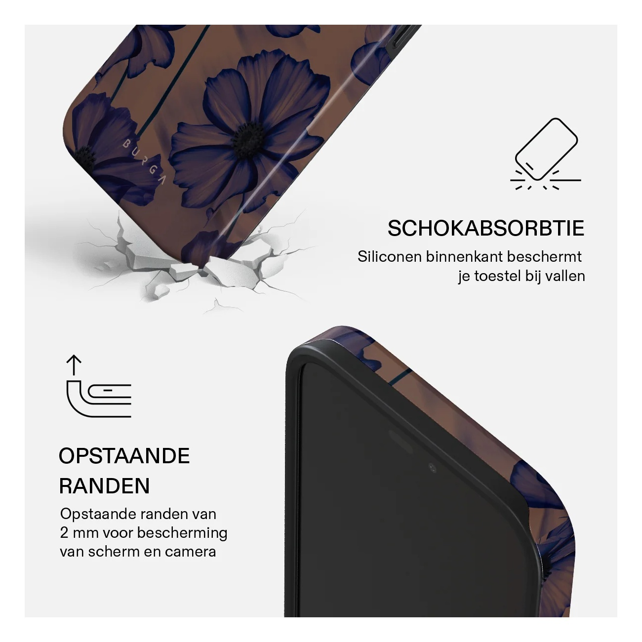 Floral phone case highlights shock absorption and raised edges.