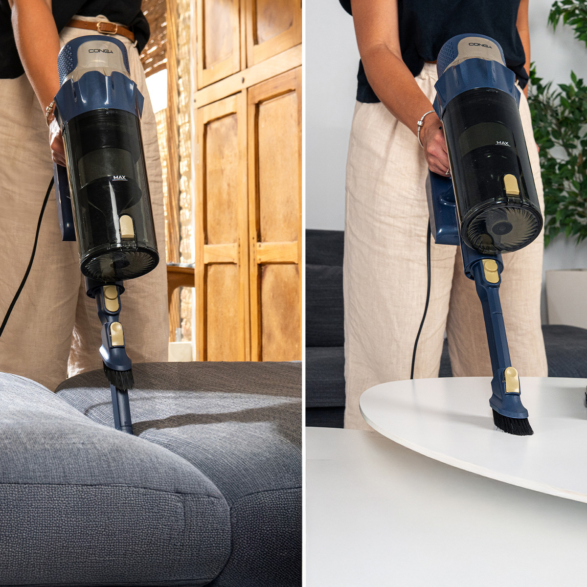 Persona che aspira un divano e un tavolo con un aspirapolvere portatile blu.