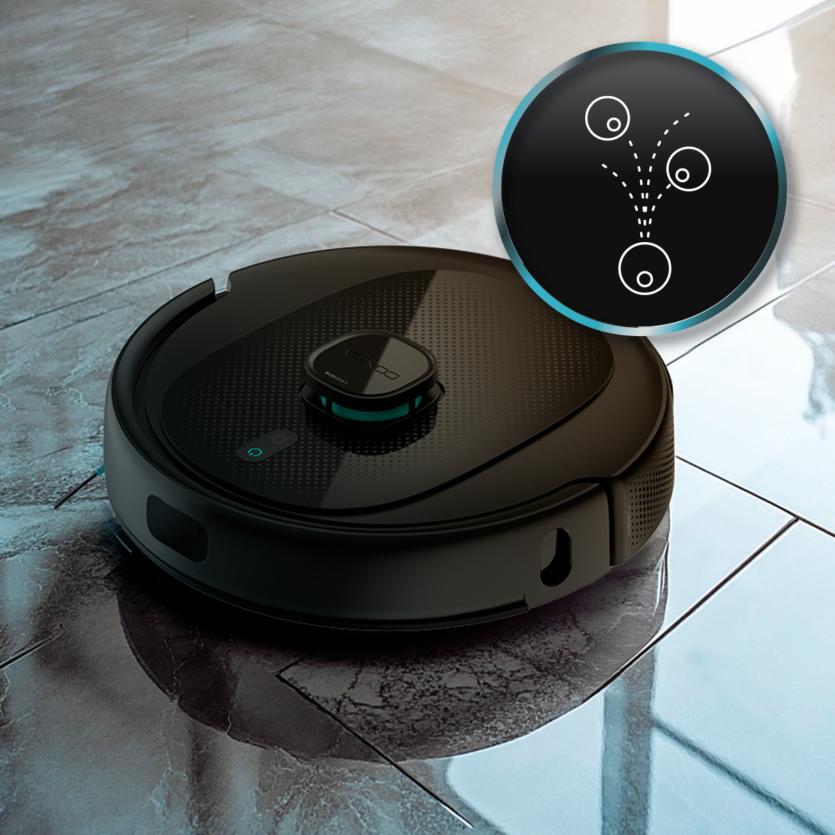 Un robot aspirador negro en un suelo de baldosas brillante, con un símbolo de navegación circular flotando encima.