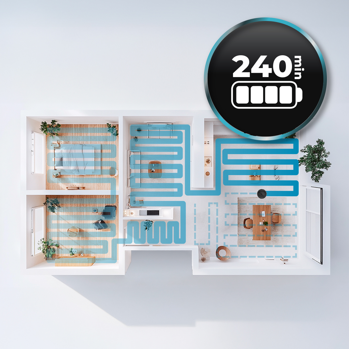 Plano de una casa con líneas azules de ruta de limpieza y un icono circular que indica 240 minutos de batería.