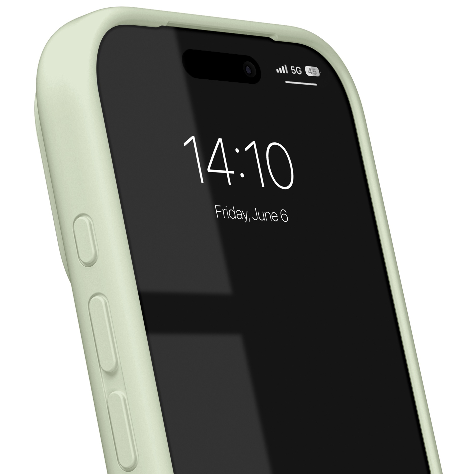 Un smartphone dans une coque vert clair avec écran noir affichant 14:10 et date.