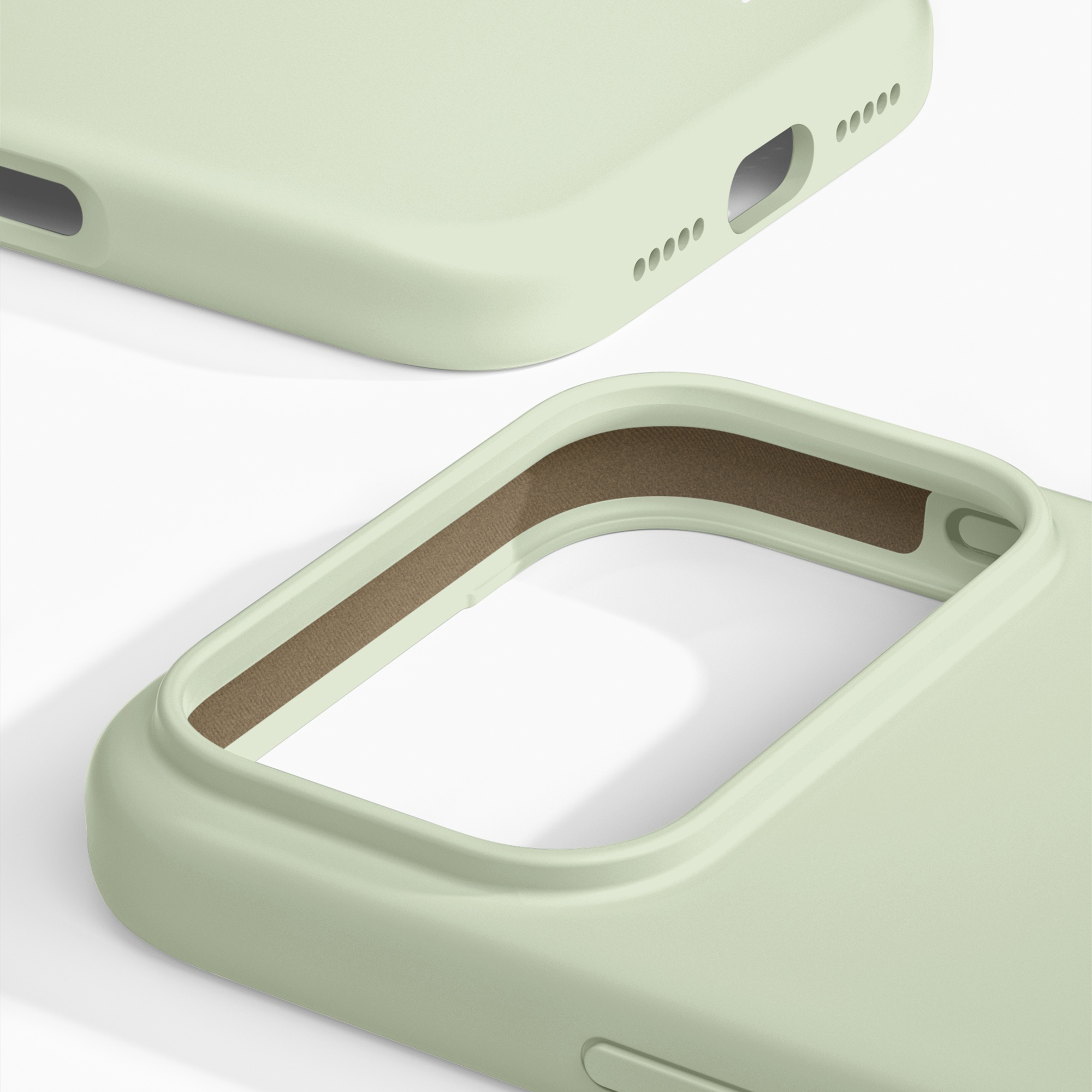 Coque de téléphone vert clair avec doublure marron et découpes pour ports.