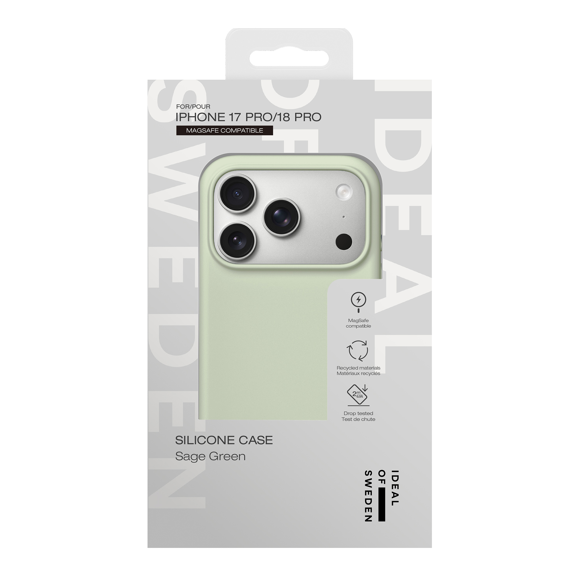 Coque de téléphone en silicone vert sauge dans un emballage blanc pour iPhone 17 Pro/18 Pro.