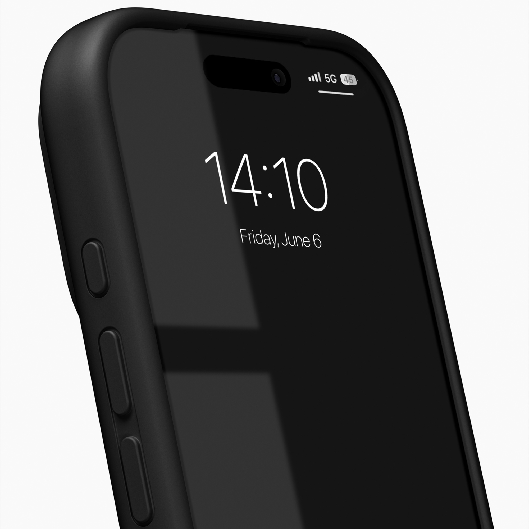 Een zwarte smartphone in een hoesje met het scherm aan op een witte achtergrond.