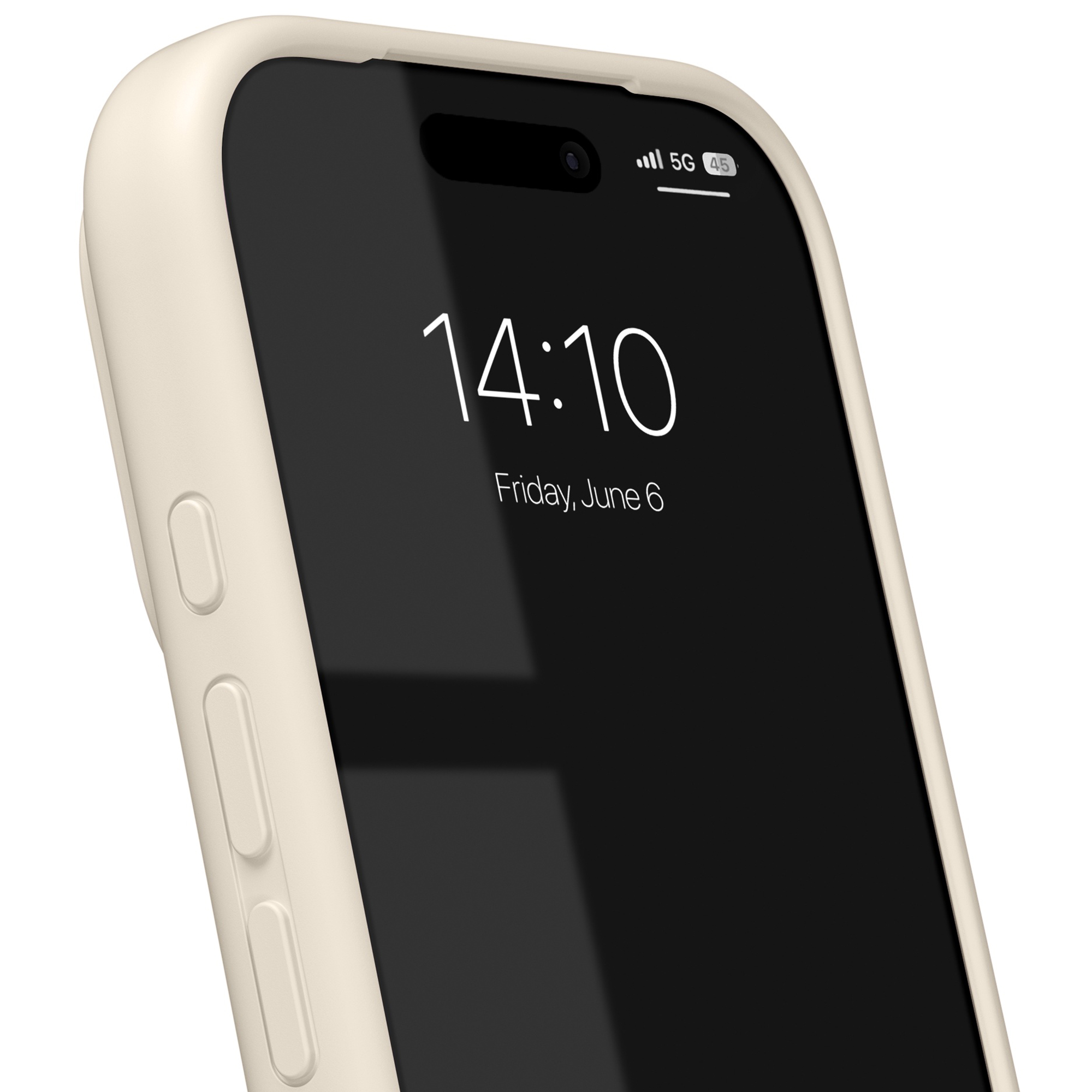 Een beige smartphone in een witte hoes toont de datum en tijd op het scherm.