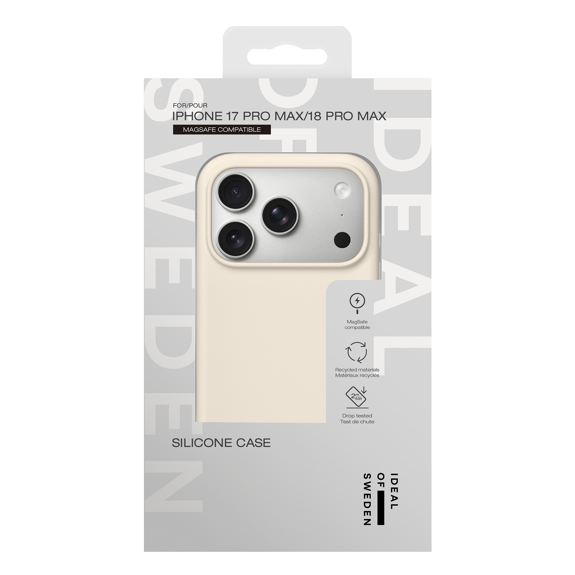 Beige siliconen hoesje voor iPhone 17/18 Pro Max in witte verpakking met tekst en pictogrammen.