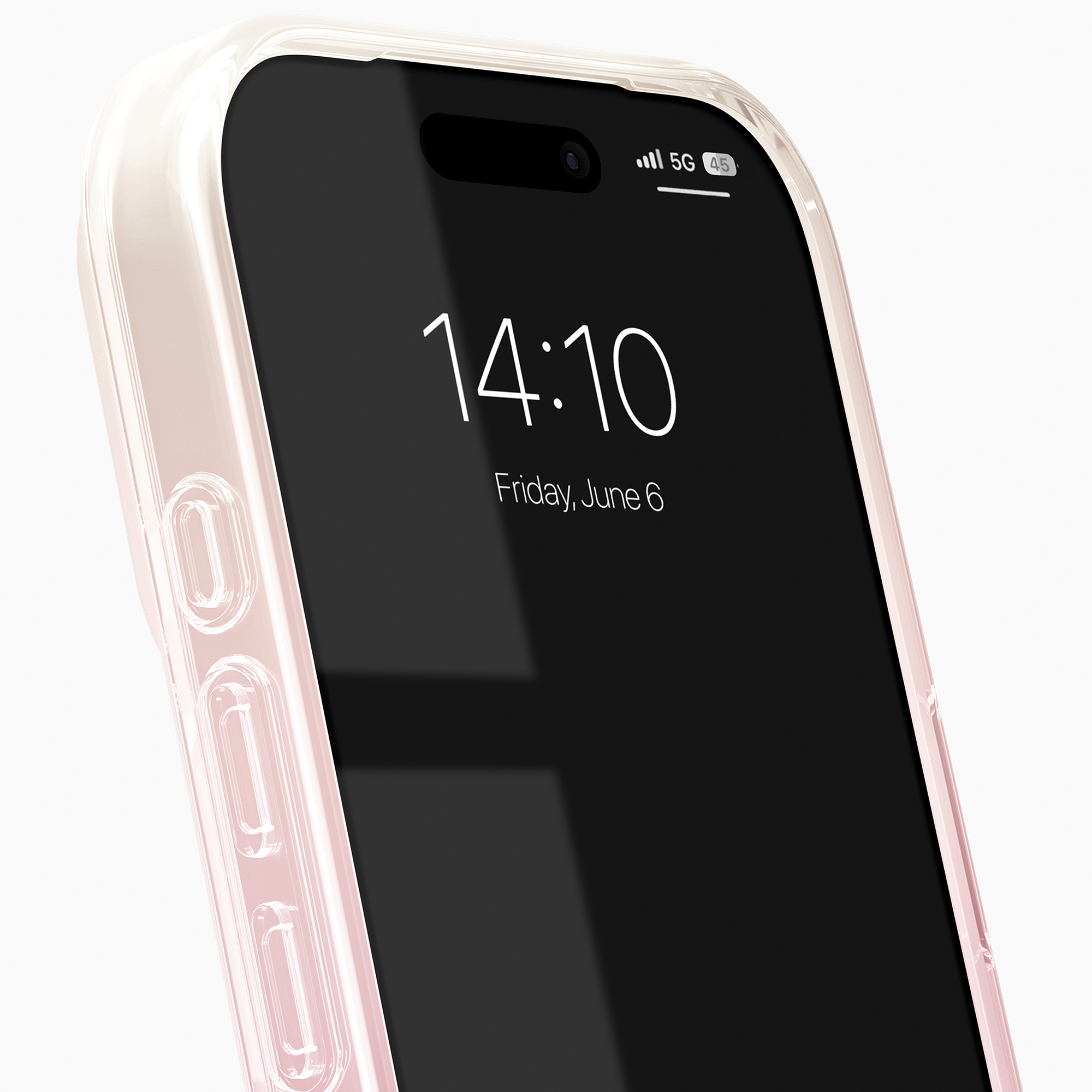 Uno smartphone in una custodia protettiva rosa che mostra l'ora 14:10 e venerdì 6 giugno sullo schermo.