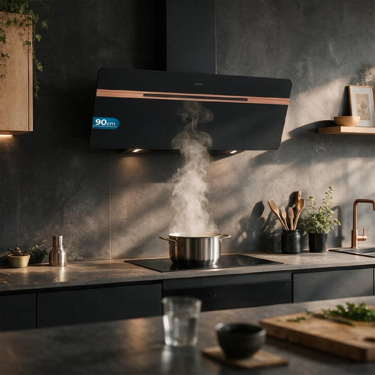 Cucina moderna con pentola fumante su piano a induzione sotto una cappa nera.