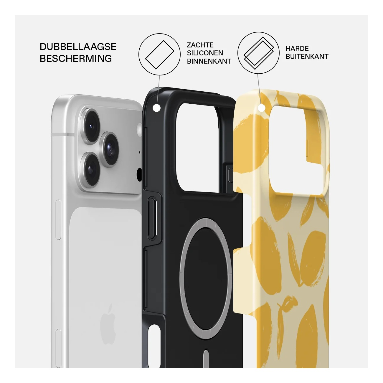 Diagram shows phone case with double protection, soft silicone interior and hard exterior.