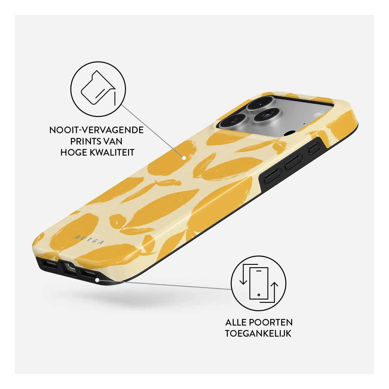 Phone case with yellow lemon pattern, black border, and infographics about quality and ports.