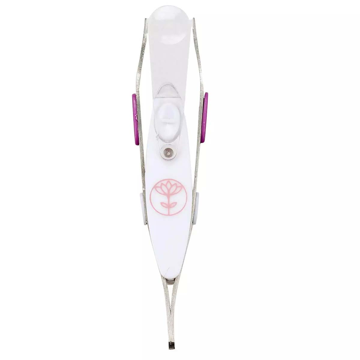 Una pinza blanca con un logotipo de flor rosa y bordes de metal plateado sobre fondo blanco.