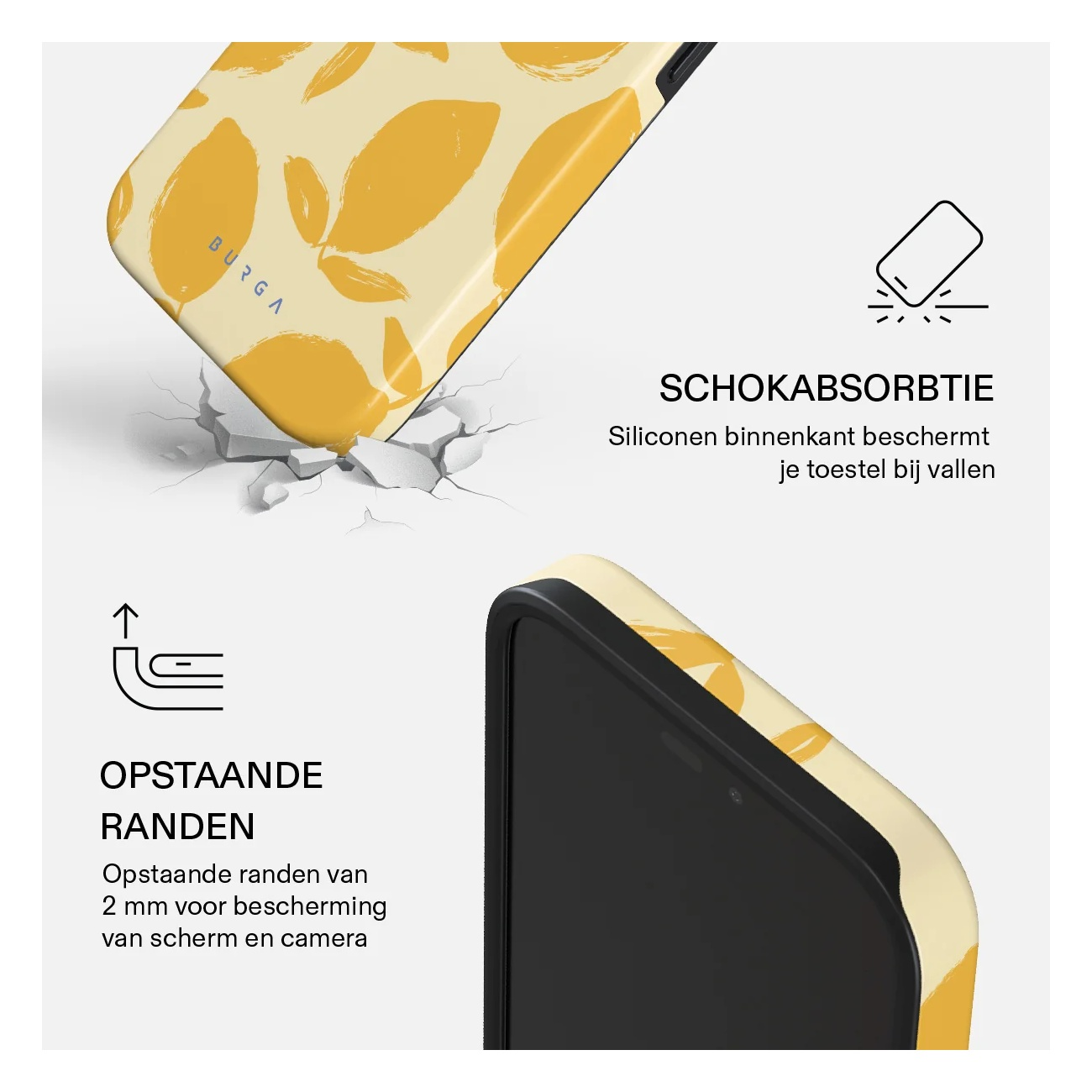 Phone case with yellow lemon pattern, shock-absorbing and featuring raised edges for protection.