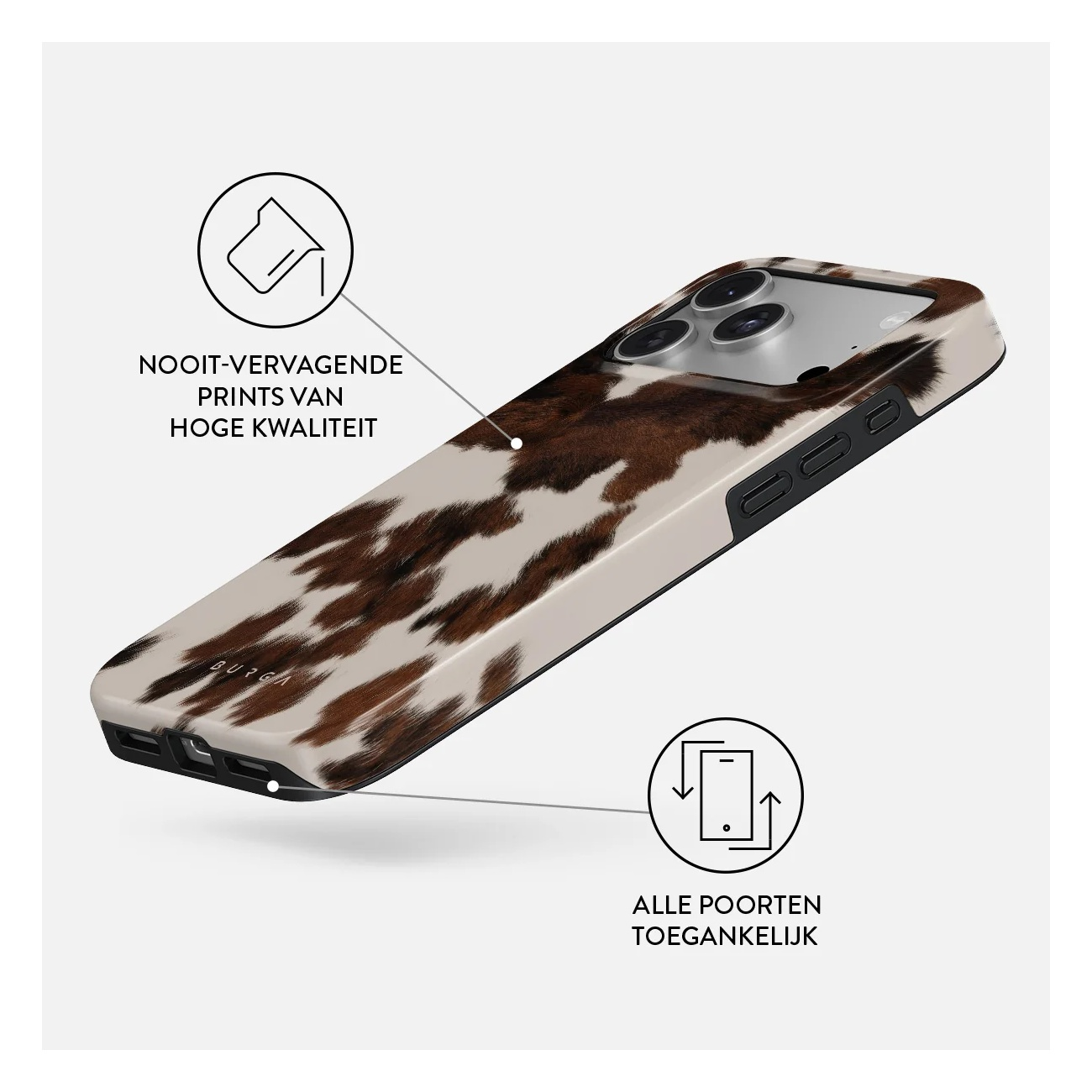 A cow-print phone case with two infographics pointing to print quality and ports.