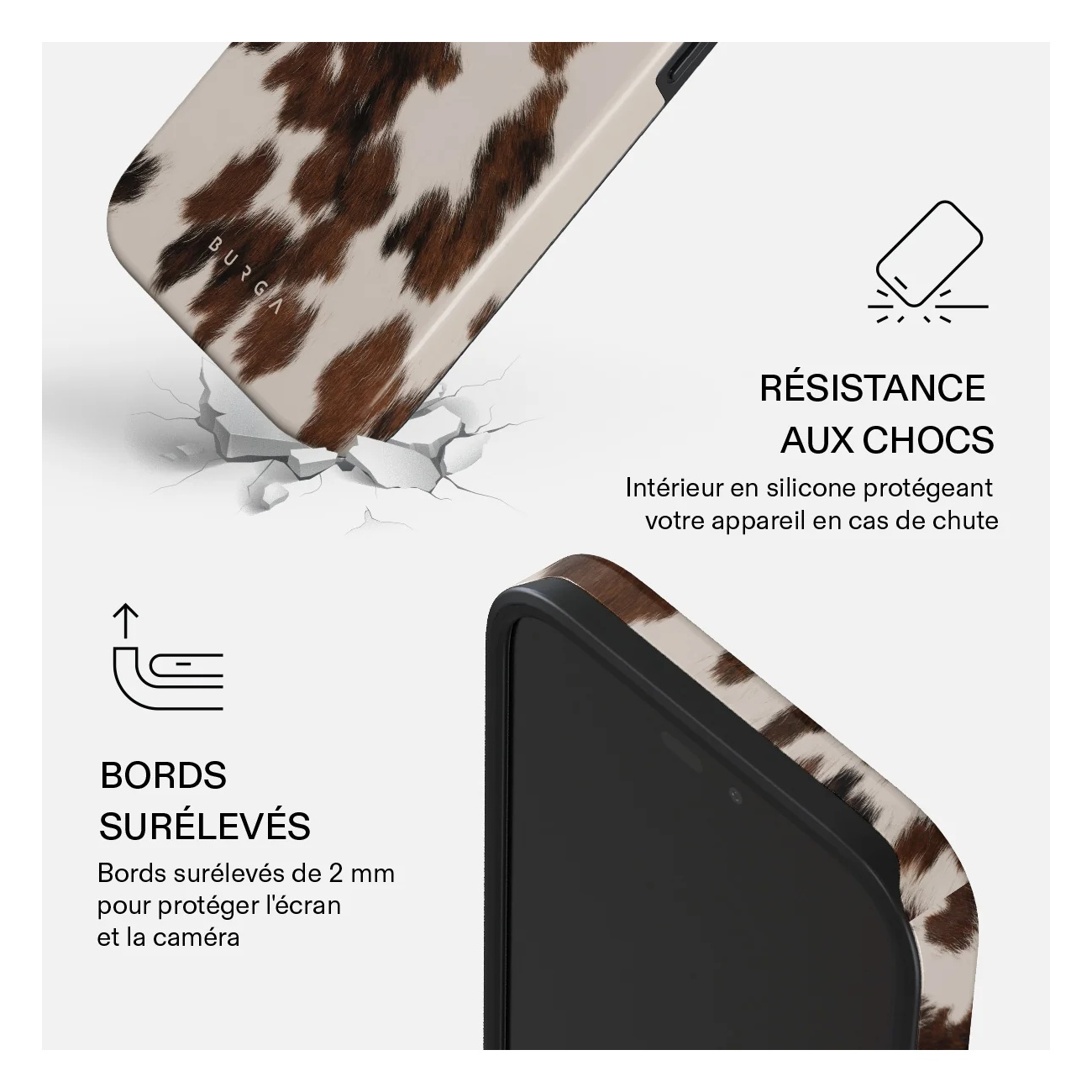 Shockproof cow-print phone case with drop protection and raised edges.