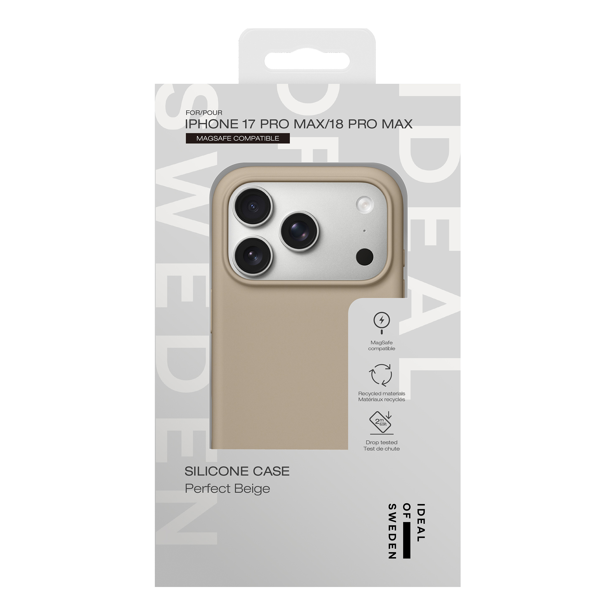 Beige siliconen telefoonhoesje in witte verpakking voor iPhone 17 Pro Max/18 Pro Max, Ideal of Sweden.