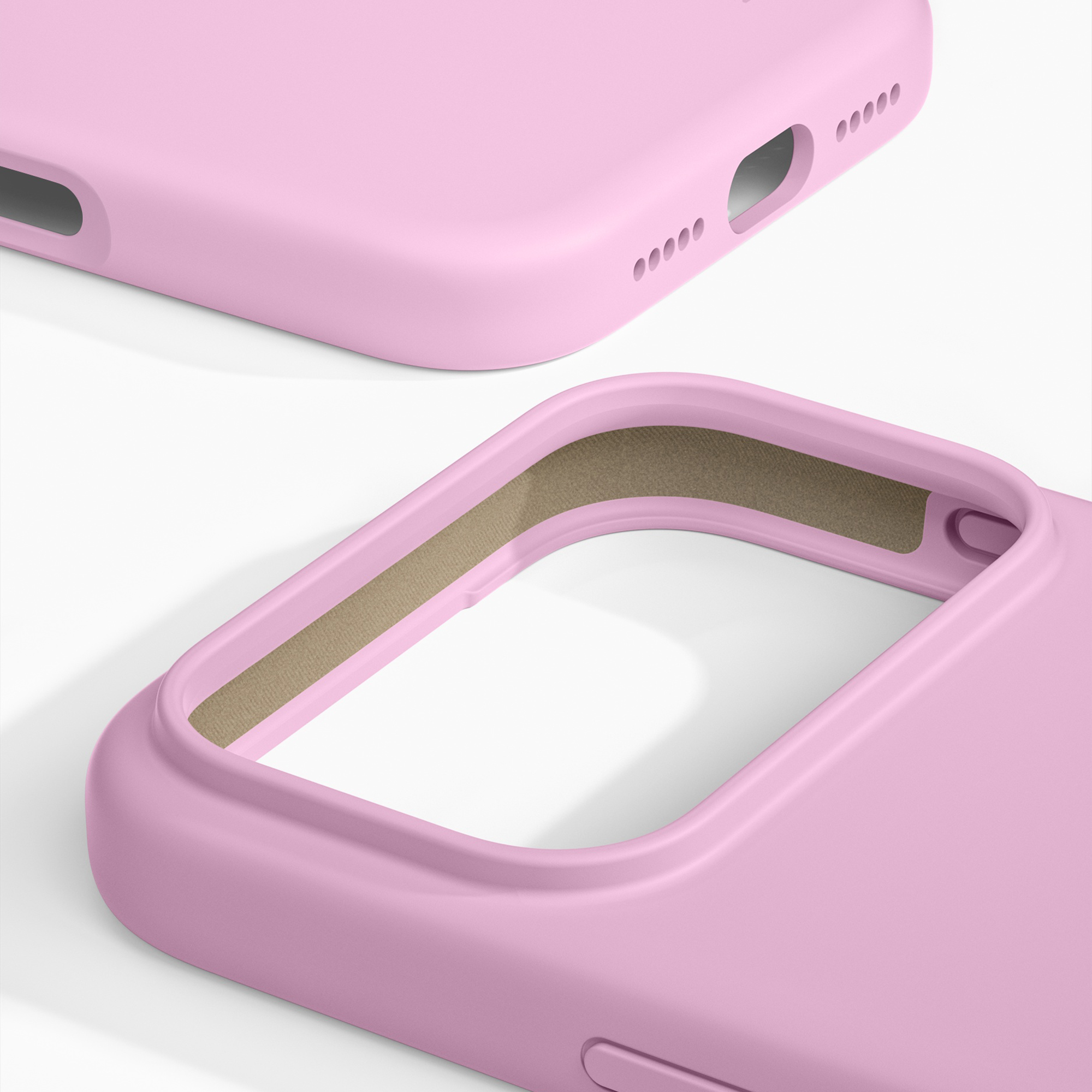 Twee roze telefoonhoesjes op een witte achtergrond, één toont de onderkant en de andere de binnenkant.