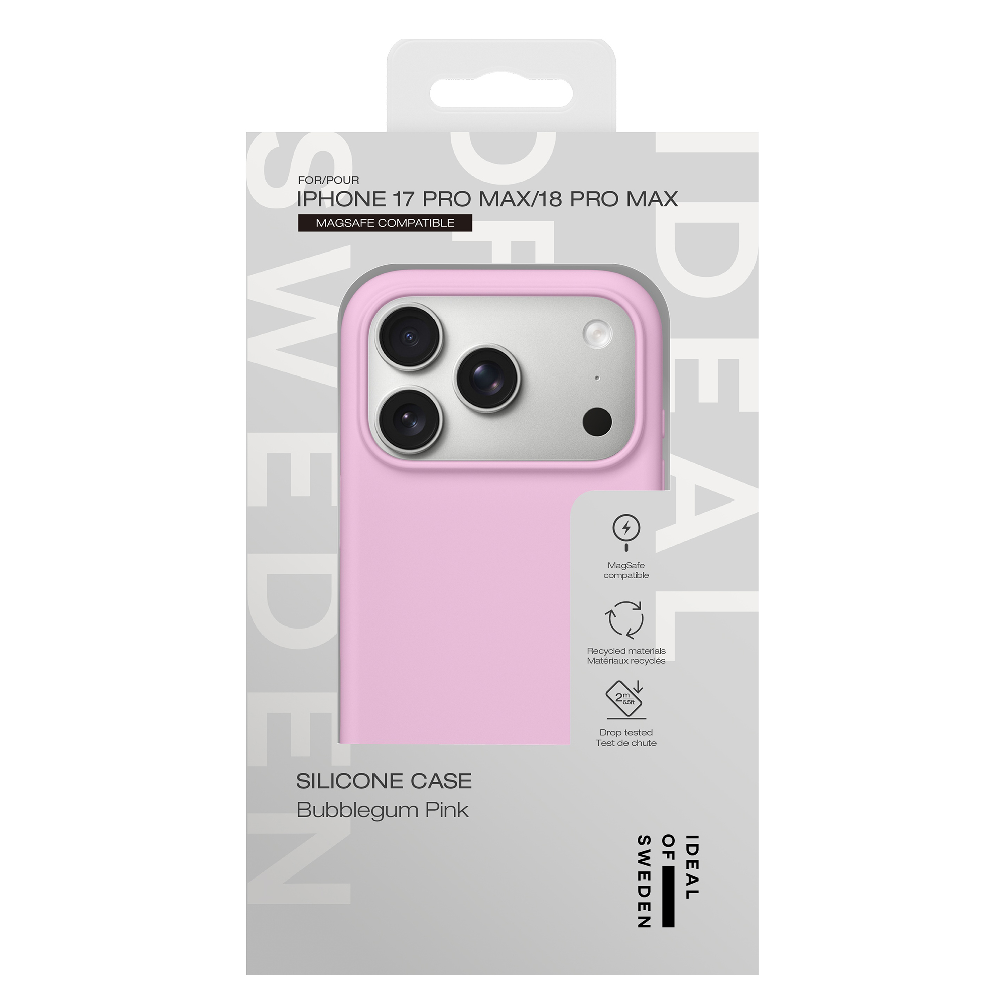 Roze siliconen telefoonhoesje voor iPhone in witte verpakking.