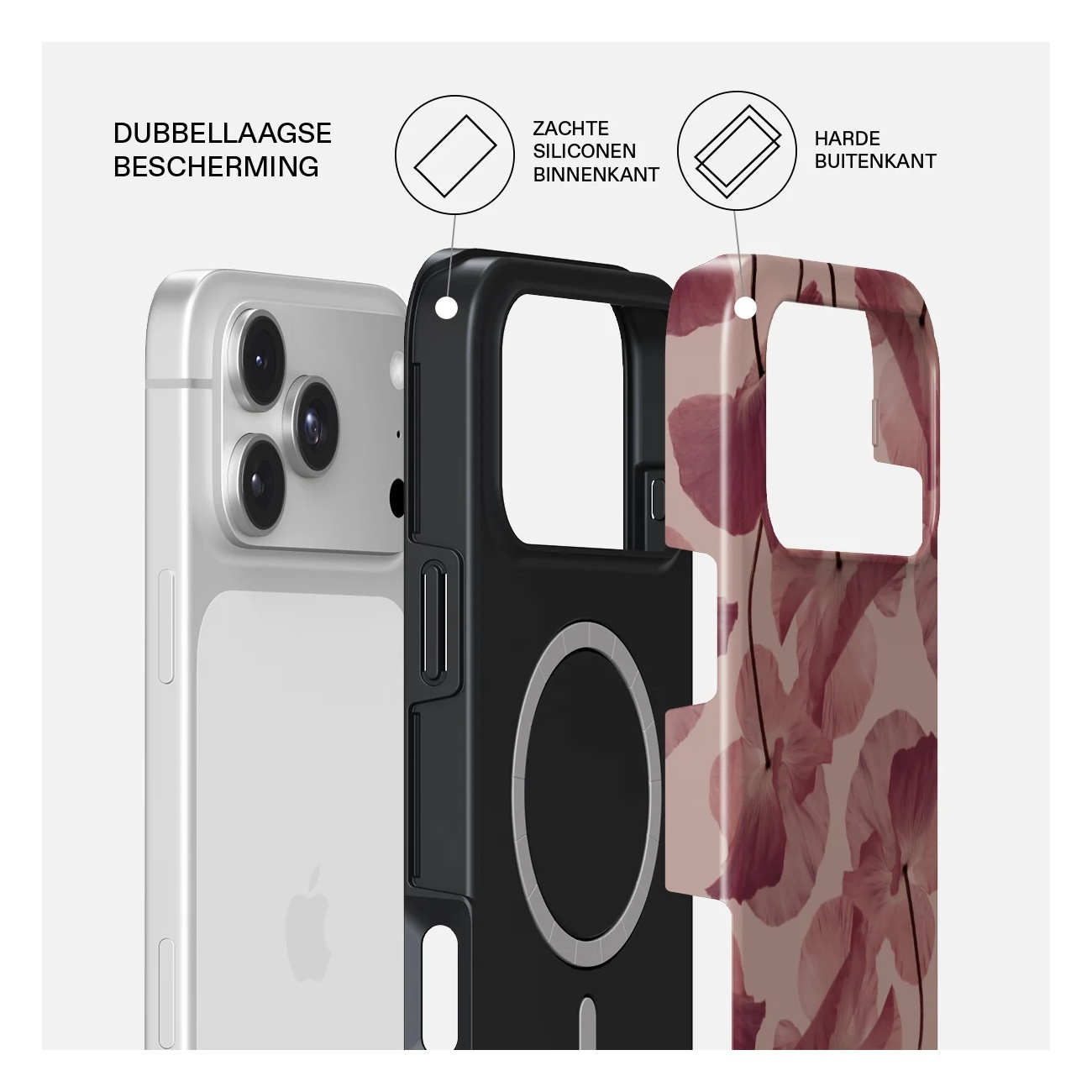 Diagram showing phone case with double layer protection, soft silicone inside, and hard outer shell.