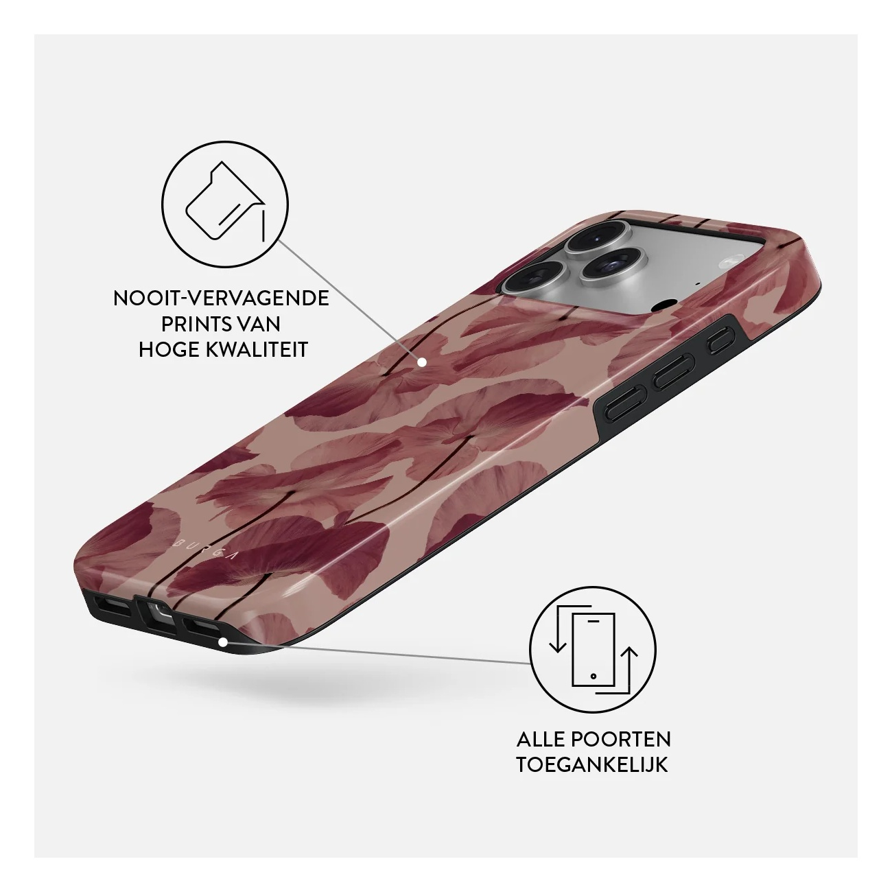 A pink phone case with red floral pattern, a print quality icon, and an accessible ports icon on a white background.