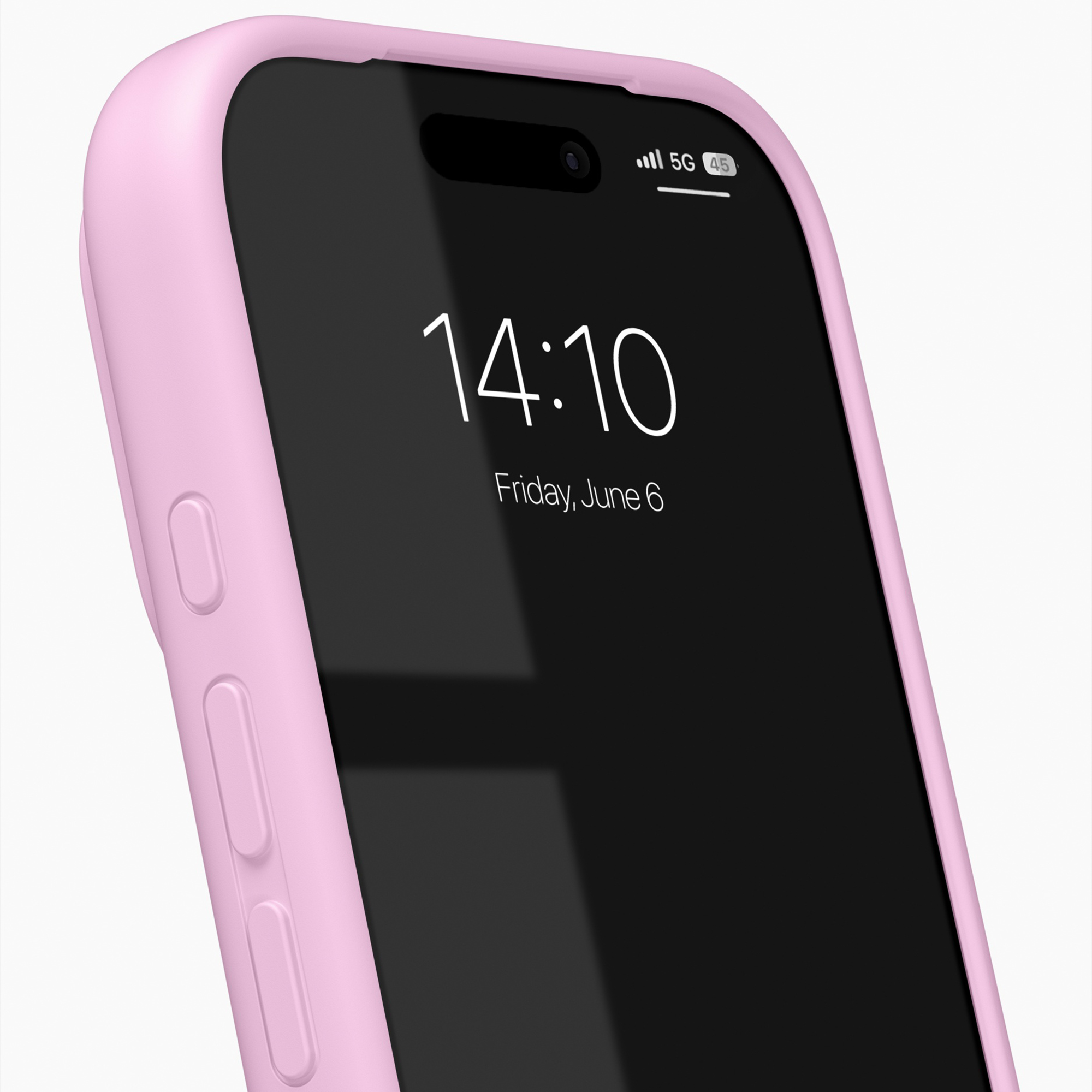 Un smartphone dans une coque de protection rose affiche la date et l'heure sur son écran.