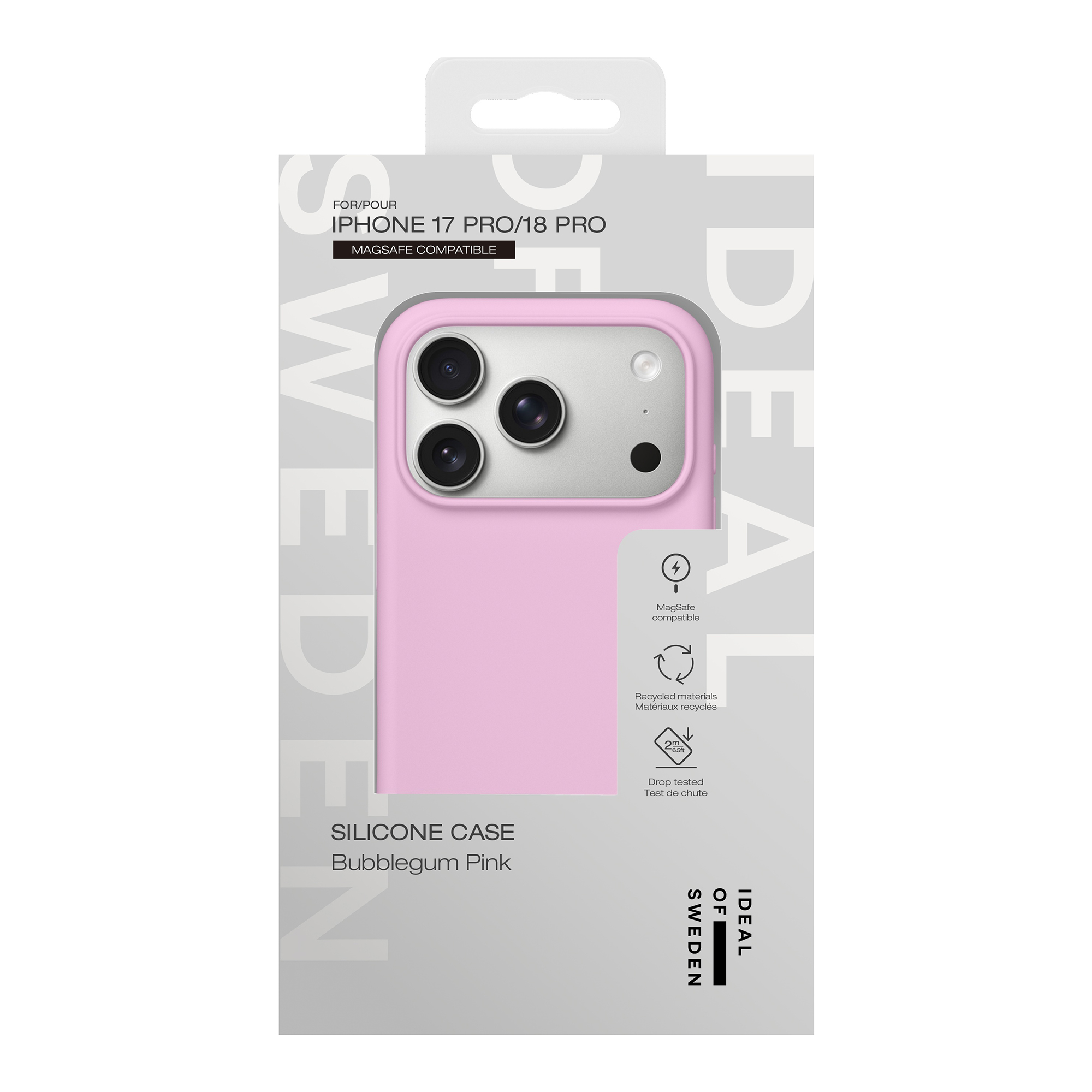 Une coque de téléphone en silicone rose pour iPhone 17 Pro/18 Pro dans son emballage.