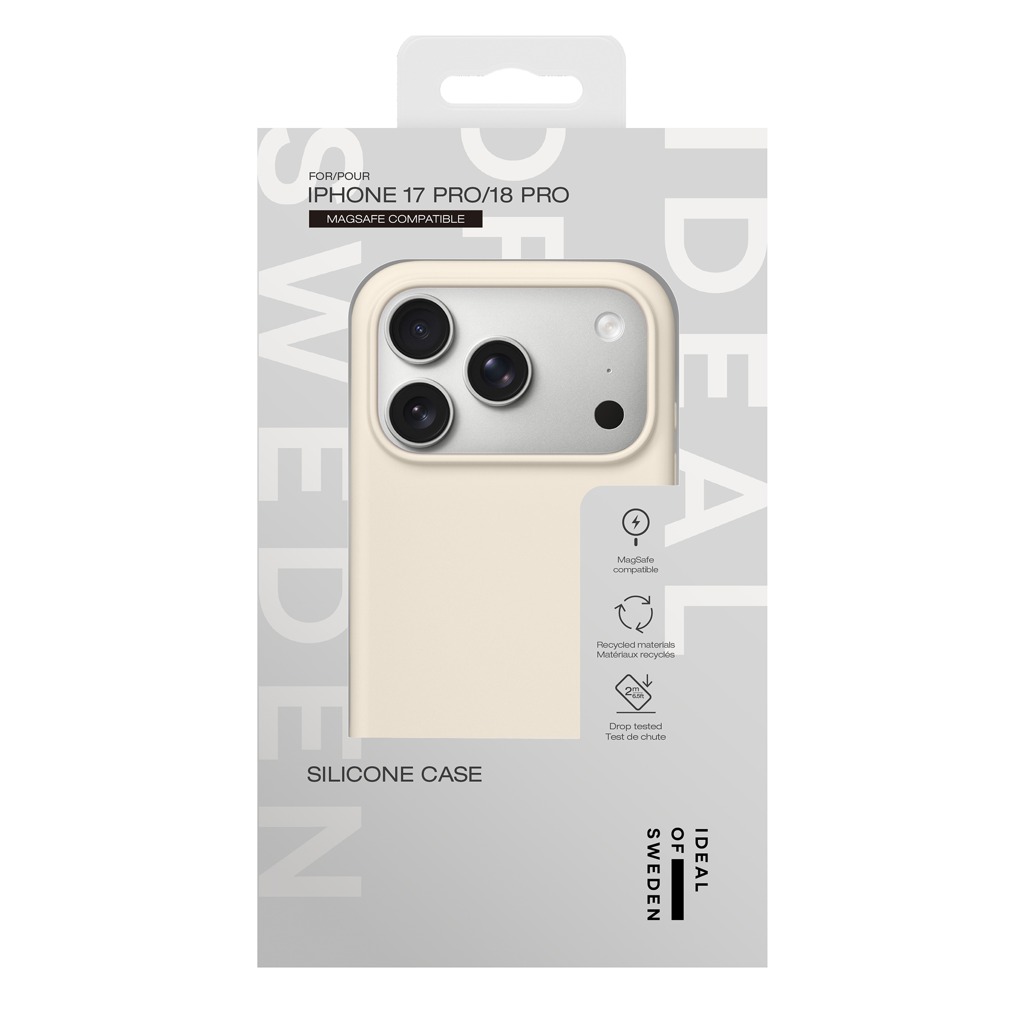 Coque de téléphone en silicone beige pour iPhone 17 Pro/18 Pro dans son emballage.