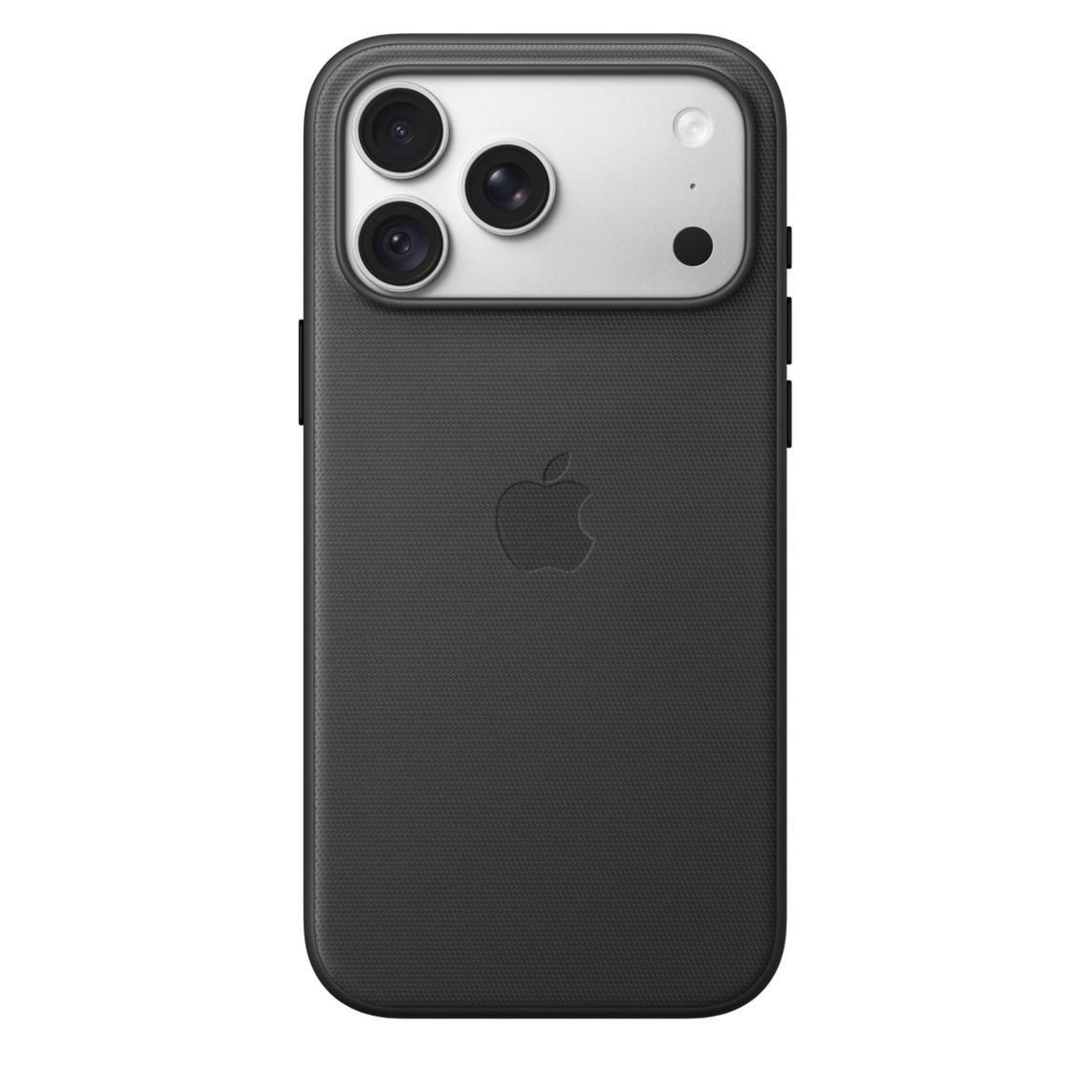Dos d'un iPhone noir avec coque, trois caméras et logo Apple.