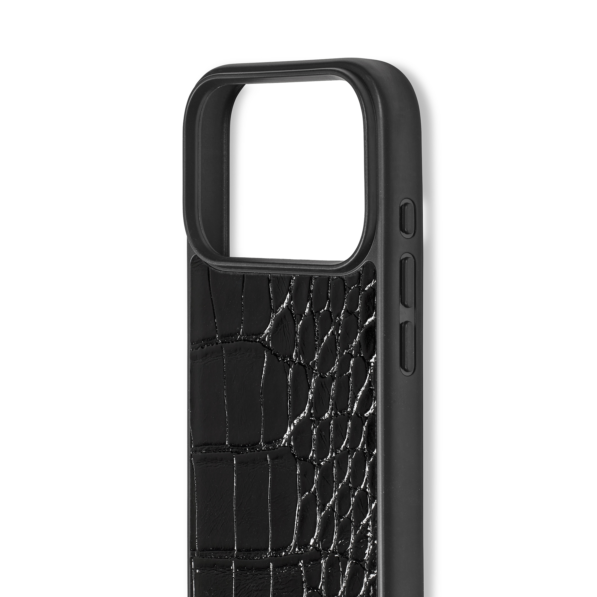 Zwarte telefoonhoes met krokodillenleertextuur, knoppen aan de zijkant en camera-uitsparing tegen witte achtergrond.
