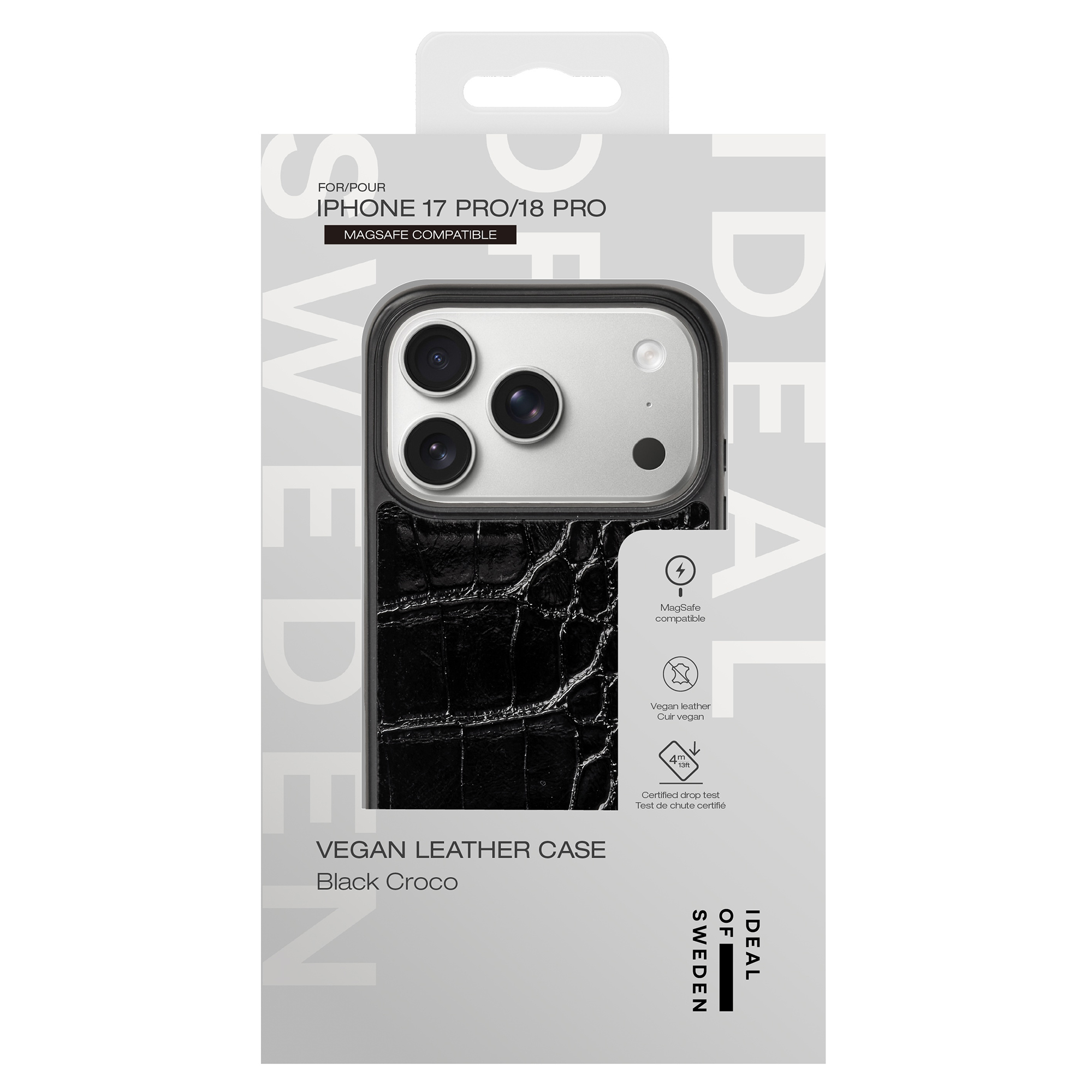 Verpakking voor zwart croco vegan leren telefoonhoesje voor iPhone 17 Pro/18 Pro.