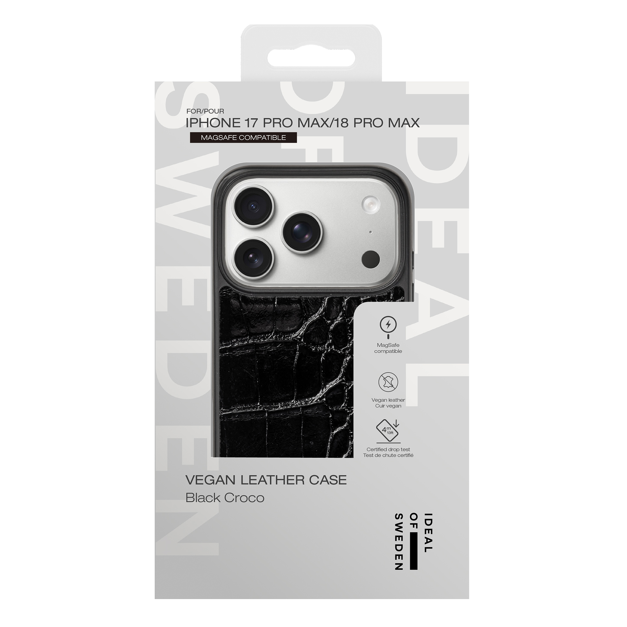Custodia per telefono in pelle vegana coccodrillo nera per iPhone 17 Pro Max in confezione bianca.