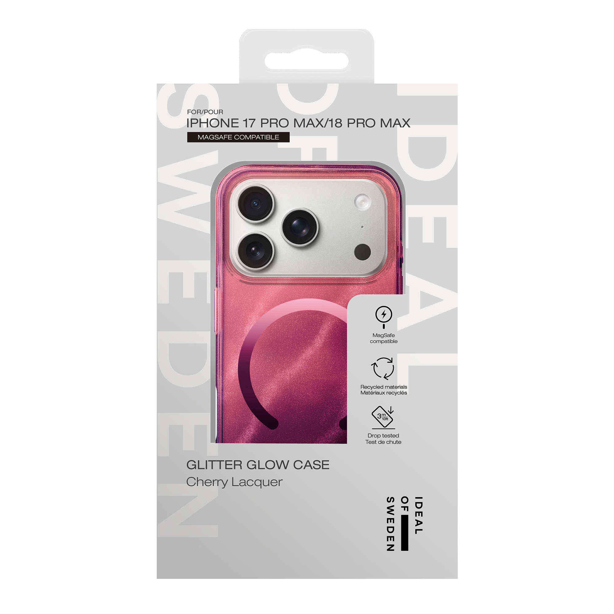 Confezione di una custodia glitterata rosso ciliegia per iPhone 17/18 Pro Max compatibile MagSafe.