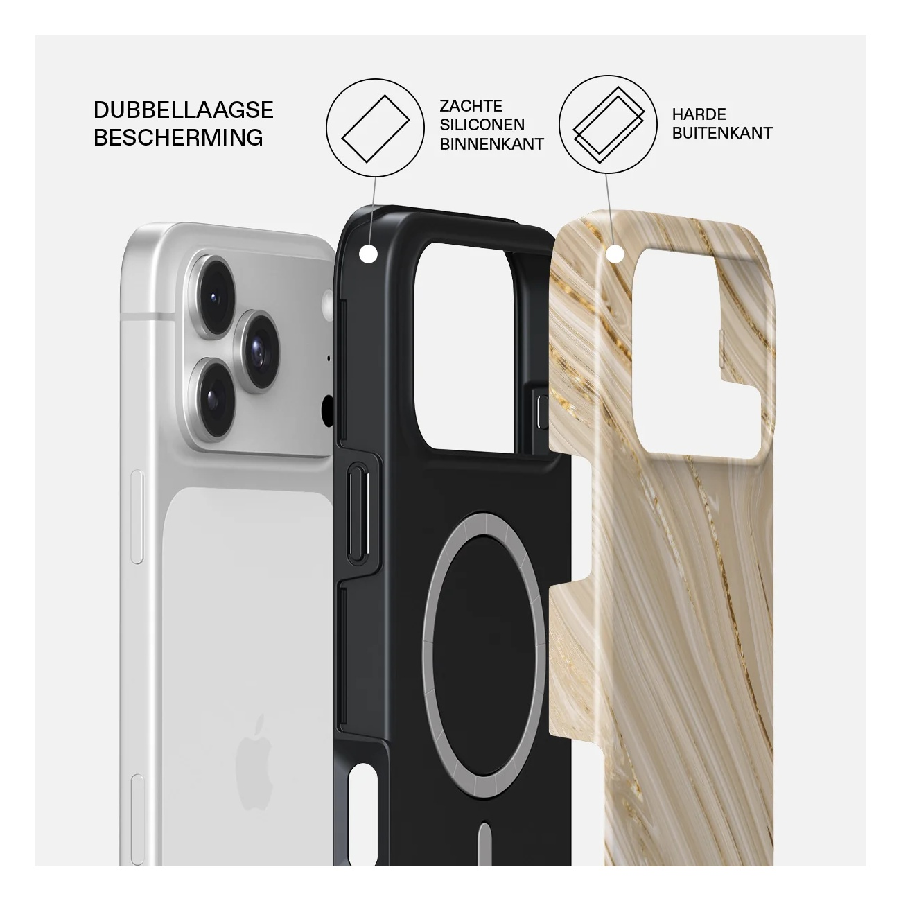 Diagram showing phone case with dual-layer protection, soft silicone inside, and hard exterior.