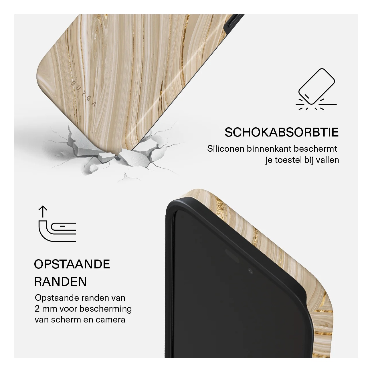Phone case with marble design, shock-absorbing, featuring raised edges for protection.