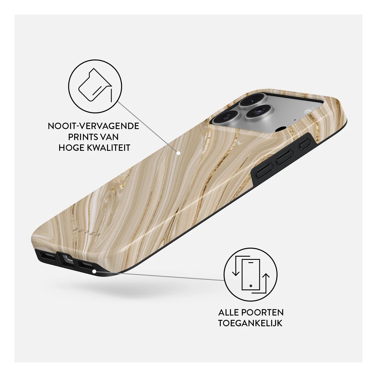 A beige marble-pattern phone case with black edges and two callout icons highlighting high-quality print and accessible ports.