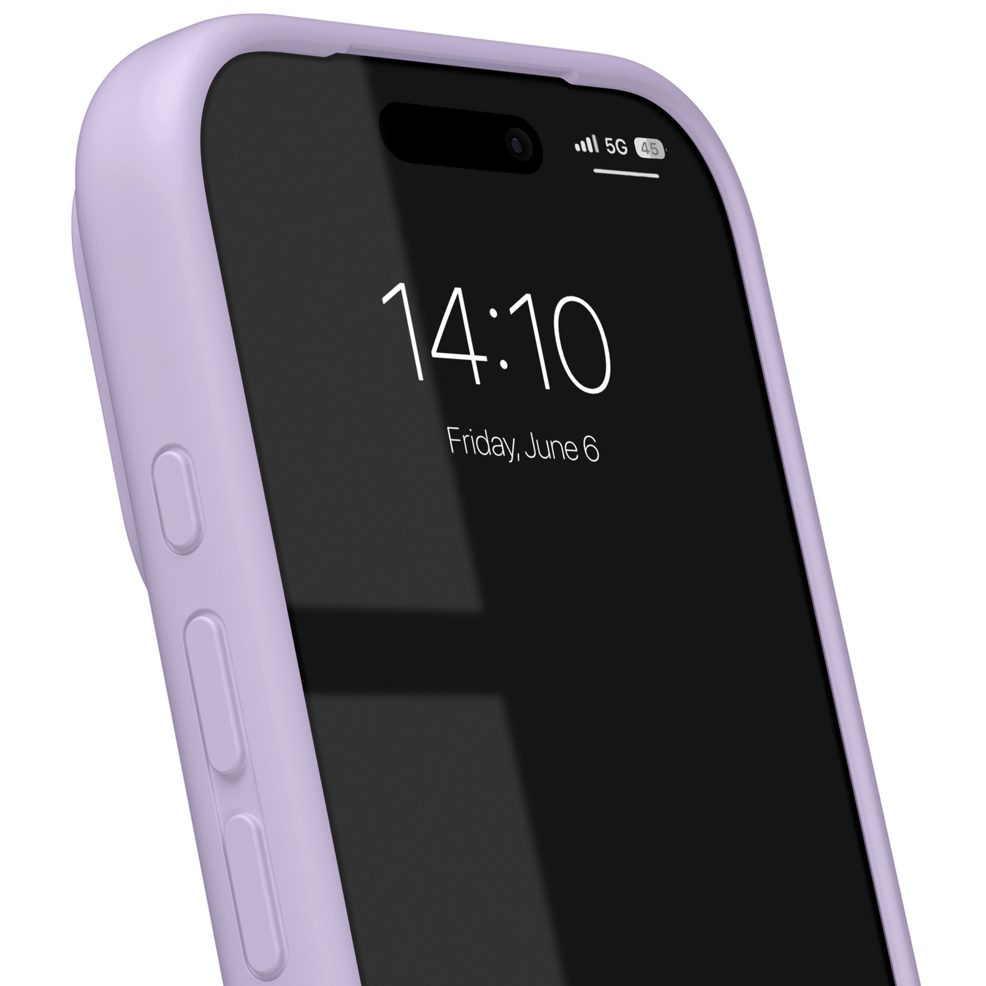 Een smartphone in een paarse hoes toont het scherm met de tijd 14:10 en datum vrijdag 6 juni.