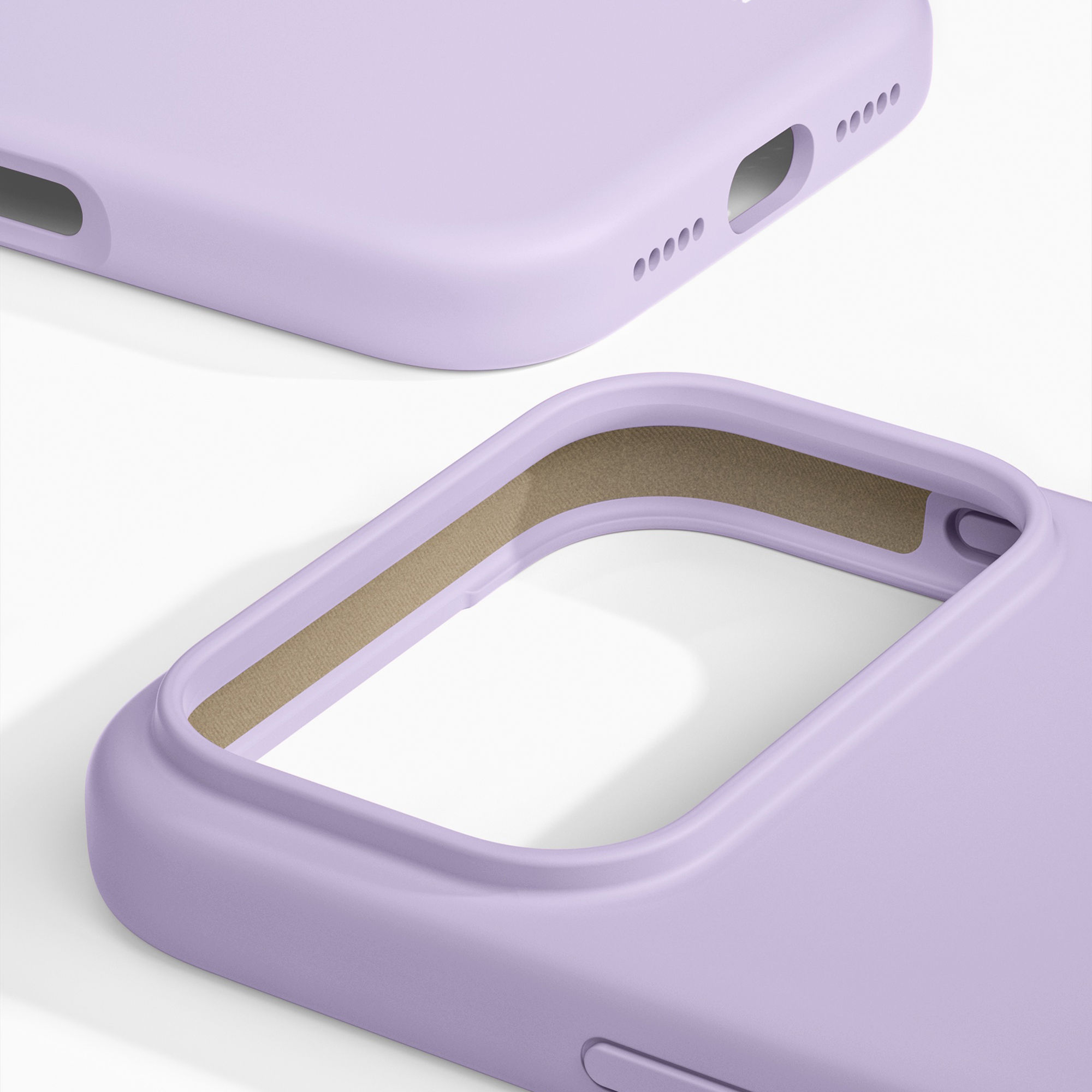 Twee lichte paarse telefoonhoesjes met bruine binnenvoering op een witte achtergrond.