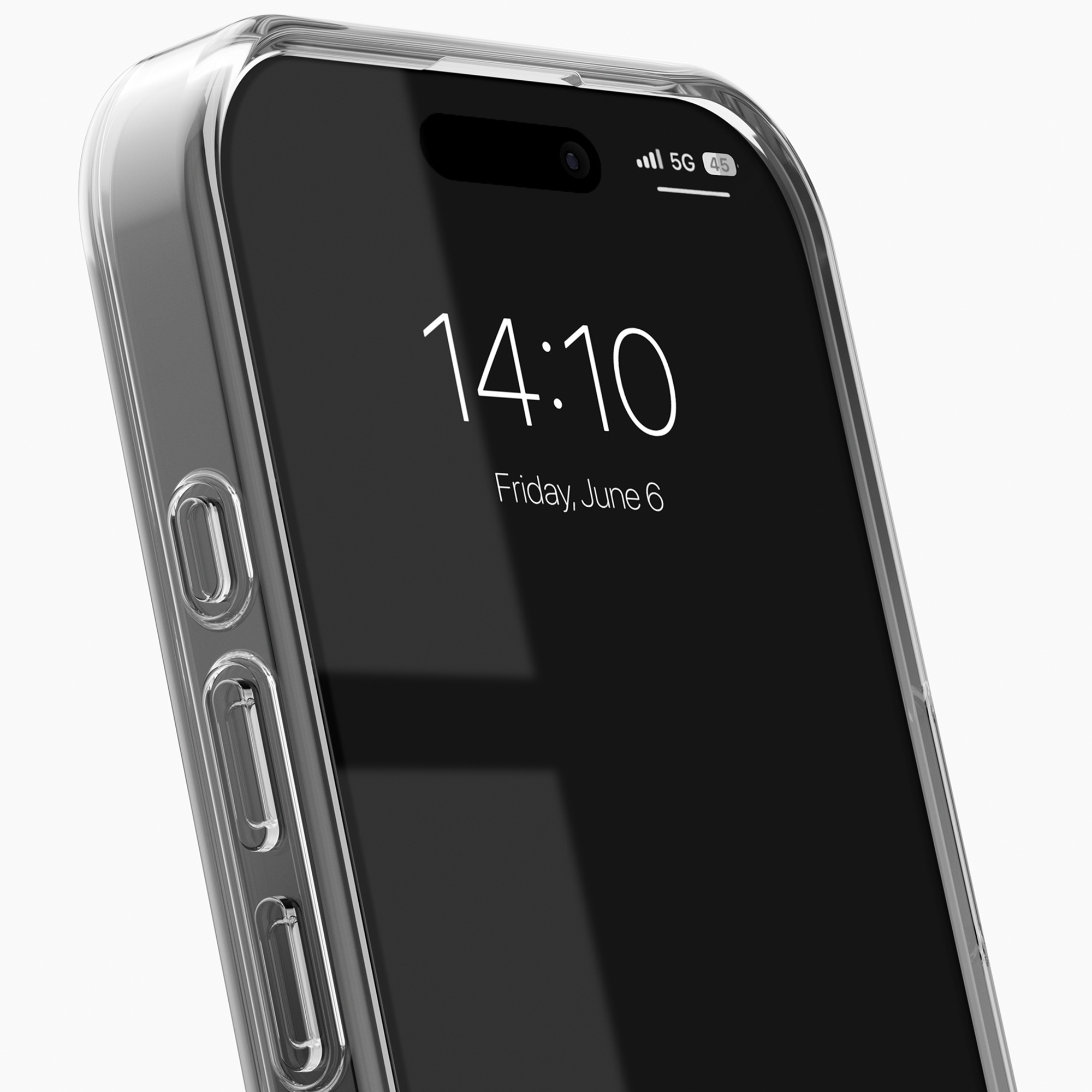 Uno smartphone in cover trasparente mostra ora, data e segnale 5G su sfondo bianco.