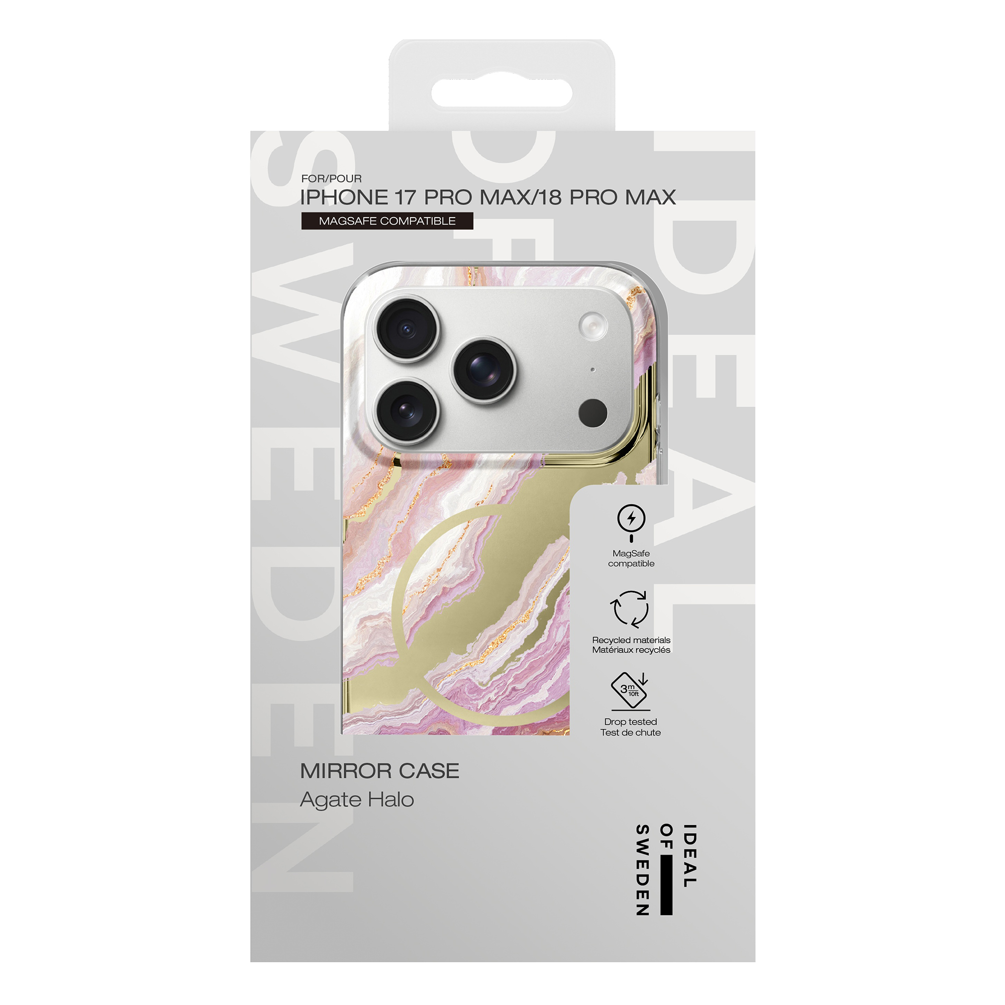 Confezione per iPhone 17/18 Pro Max con custodia a specchio in marmo rosa e icone MagSafe.
