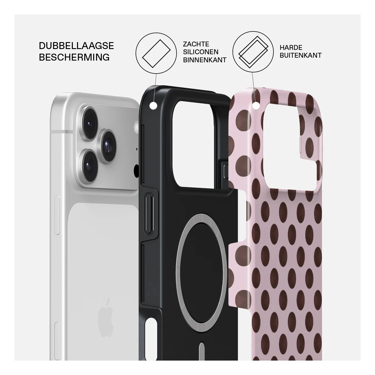 Diagram showing a phone case with dual-layer protection, soft silicone inside, and hard outer shell.