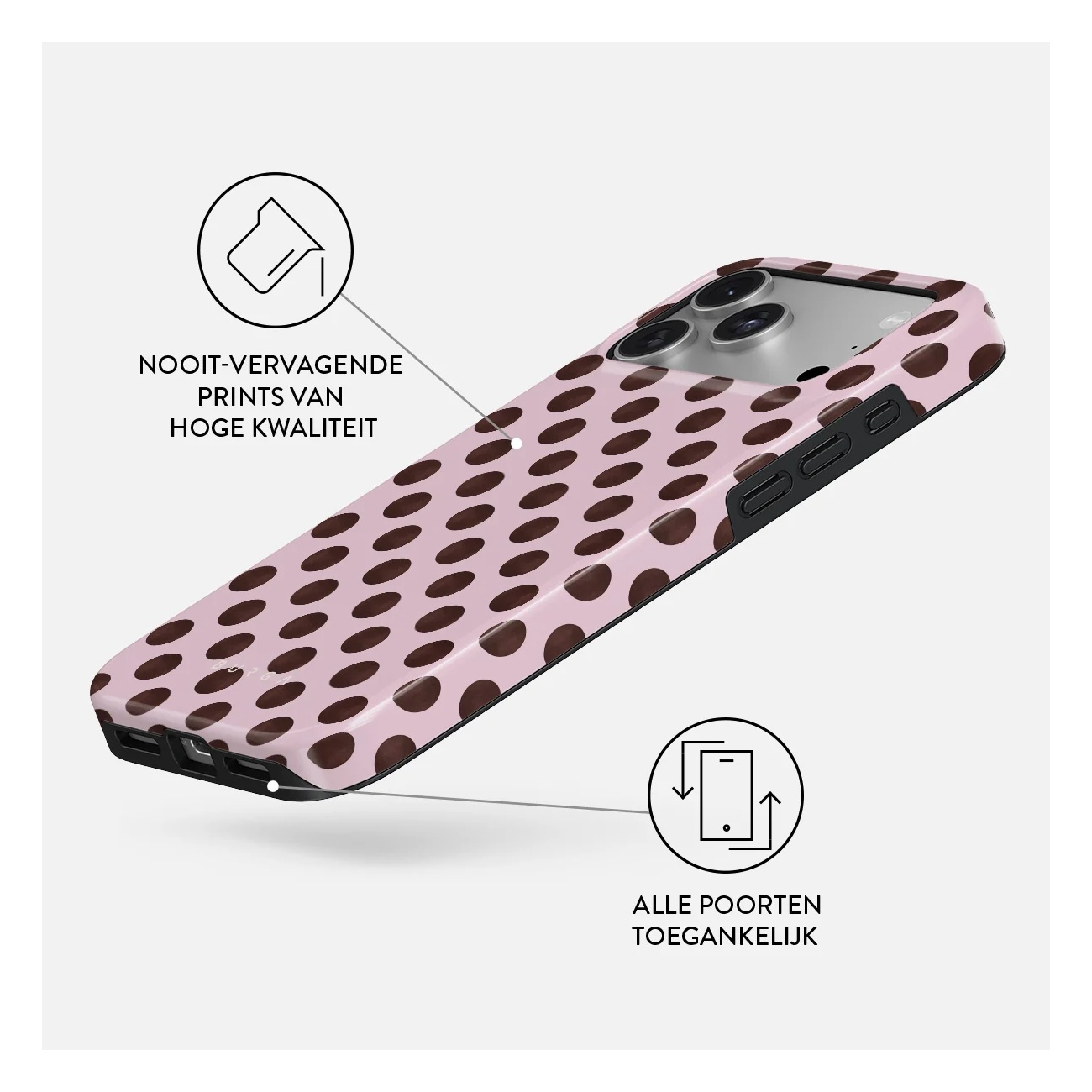 Pink phone case with brown dots and two infographics with text.