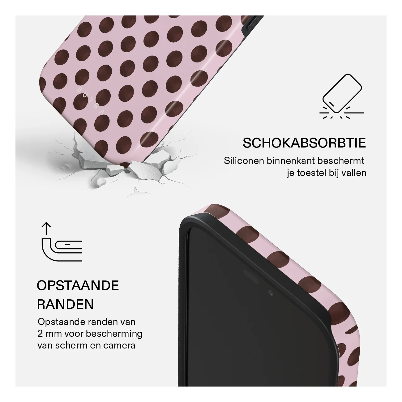 Pink phone case with brown polka dots, highlighting shock absorption and raised edges for screen and camera protection.