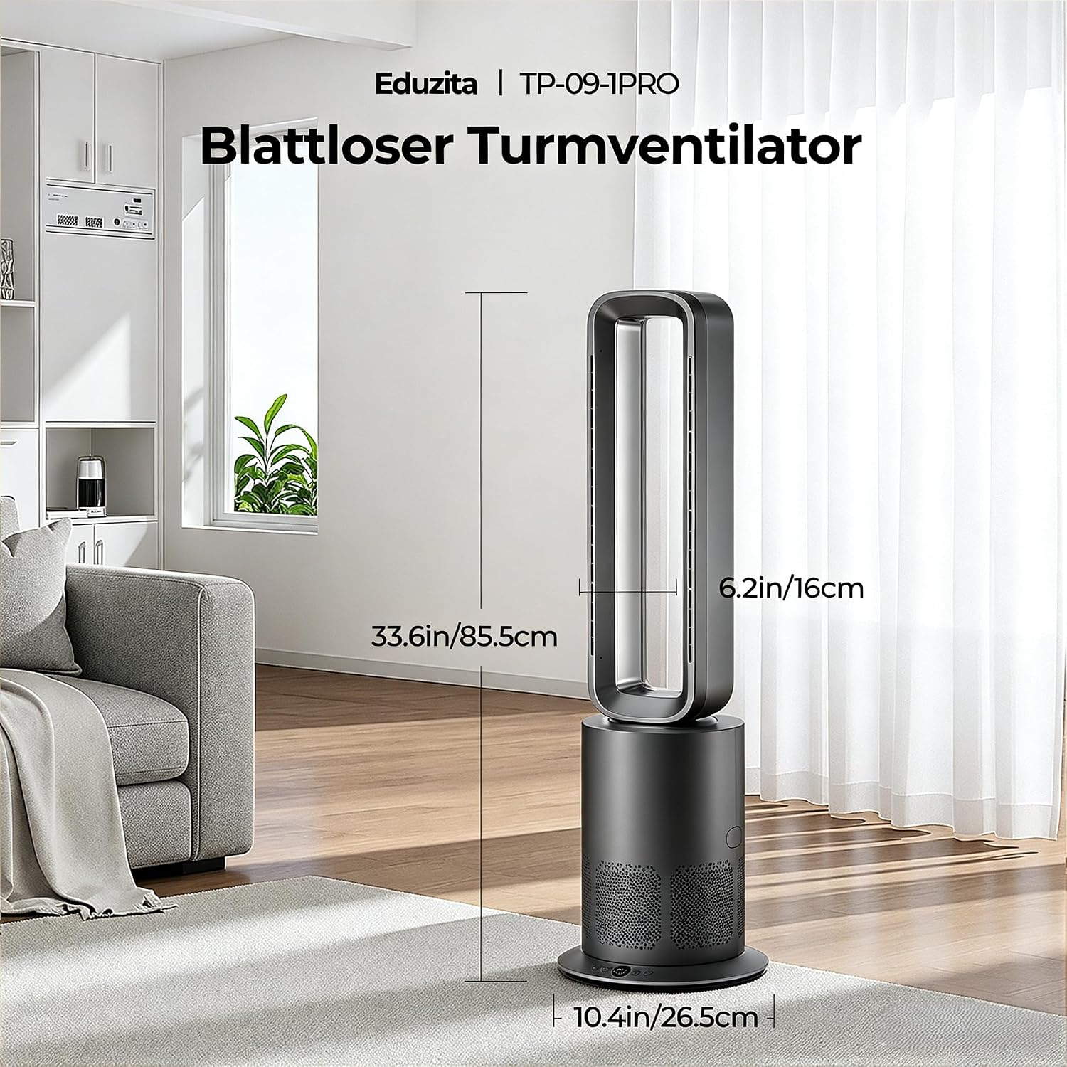 Edukita blattloser Turmventilator in einem modernen Wohnzimmer mit Maßangaben.