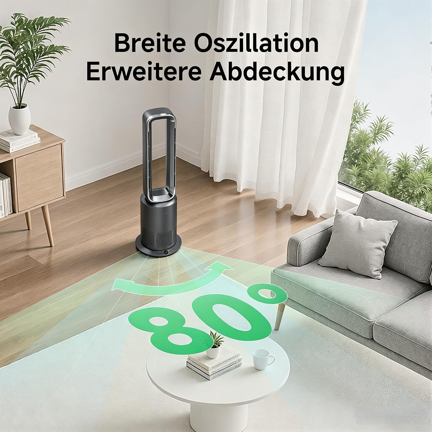 Ein blattloser Turmventilator in einem Wohnzimmer zeigt eine 80-Grad-Weitwinkeloszillation.