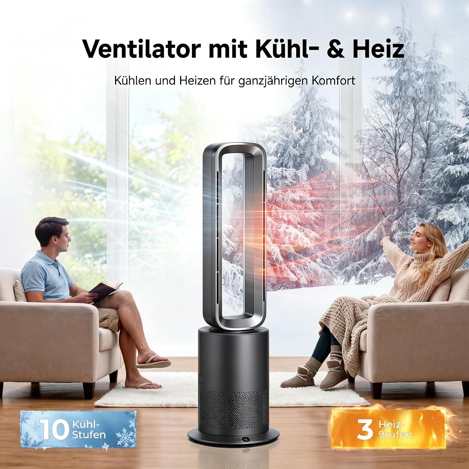 Ein Turmventilator mit Kühl- und Heizmodus zwischen einem Mann in Sommerkleidung und einer Frau in Winterkleidung.